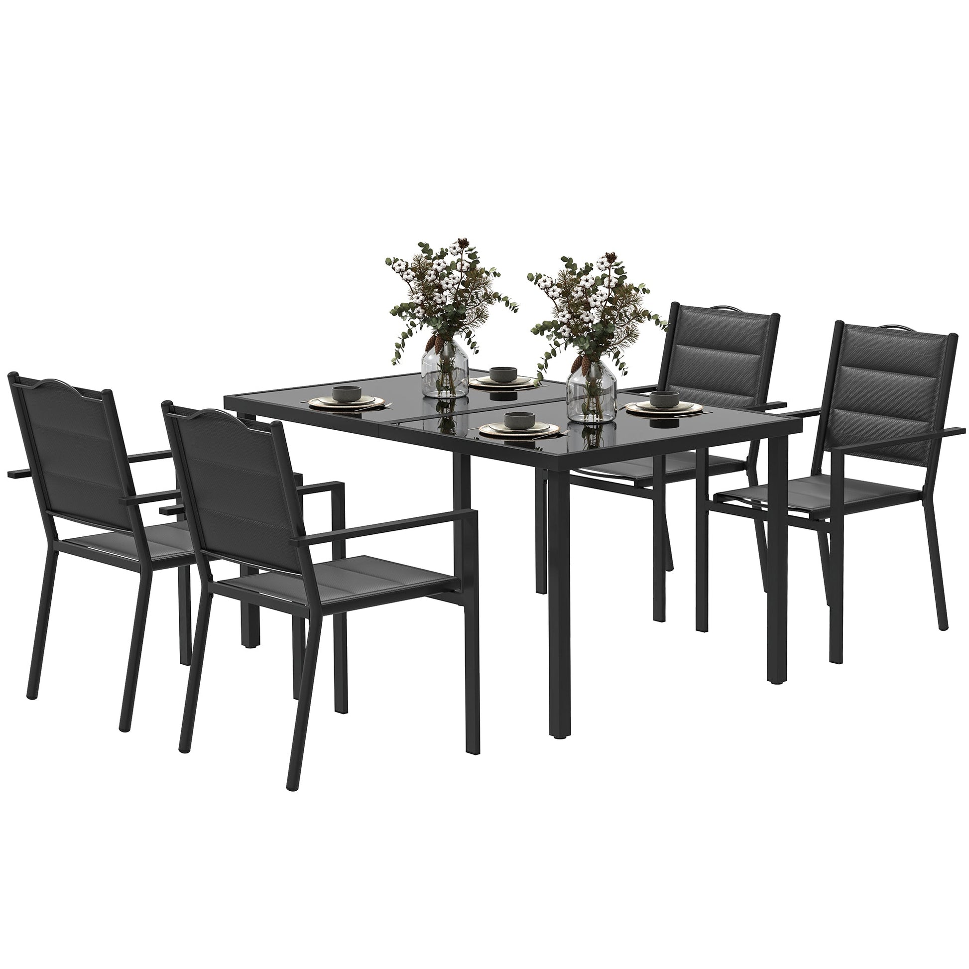 5 Piece Outdoor Dining Set, Patio Furniture Set with 4 Stackable Chairs, Rectangle Table, Tempered Glass Top, Steel Frame, for Backyard, Porch, Garden, Poolside