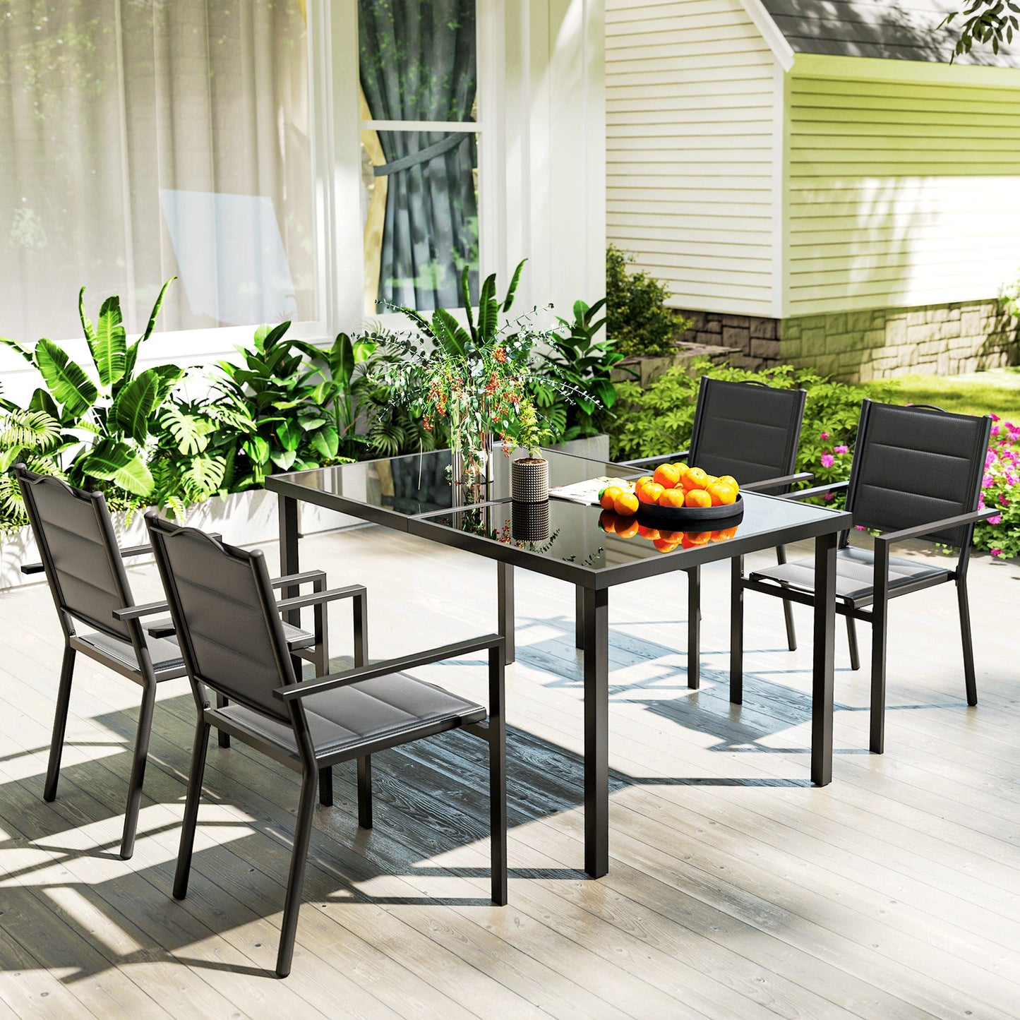 5 Piece Outdoor Dining Set, Patio Furniture Set with 4 Stackable Chairs, Rectangle Table, Tempered Glass Top, Steel Frame, for Backyard, Porch, Garden, Poolside