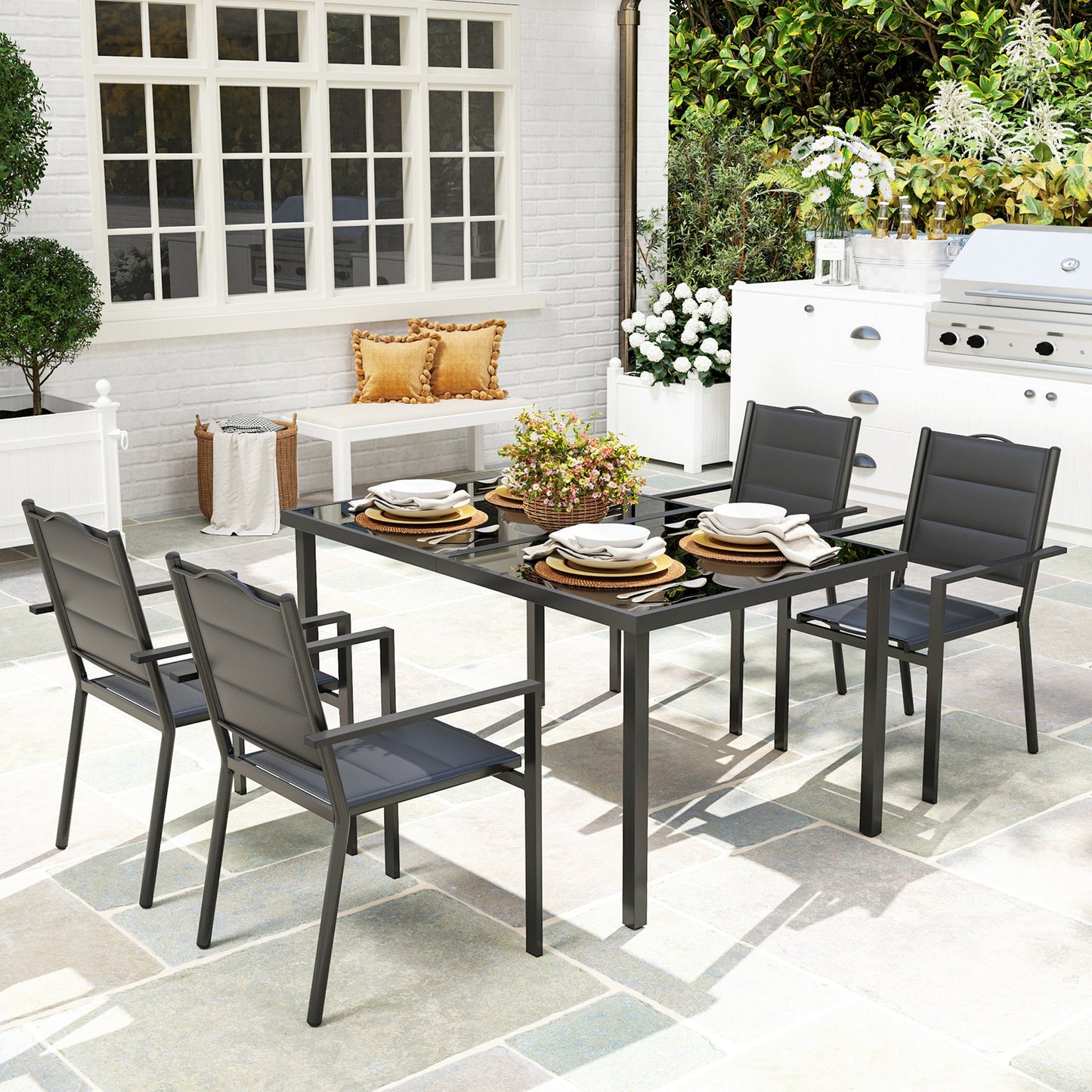 5 Piece Outdoor Dining Set, Patio Furniture Set with 4 Stackable Chairs, Rectangle Table, Tempered Glass Top, Steel Frame, for Backyard, Porch, Garden, Poolside