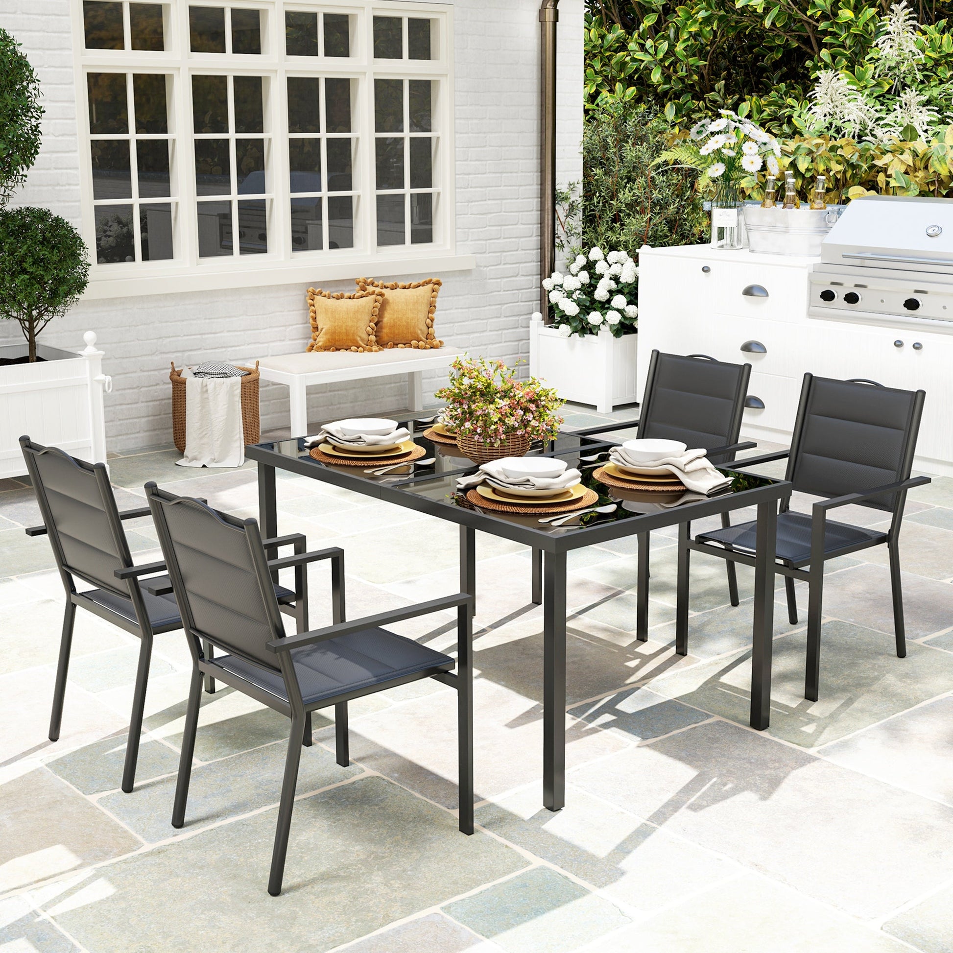 5 Piece Outdoor Dining Set, Patio Furniture Set with 4 Stackable Chairs, Rectangle Table, Tempered Glass Top, Steel Frame, for Backyard, Porch, Garden, Poolside