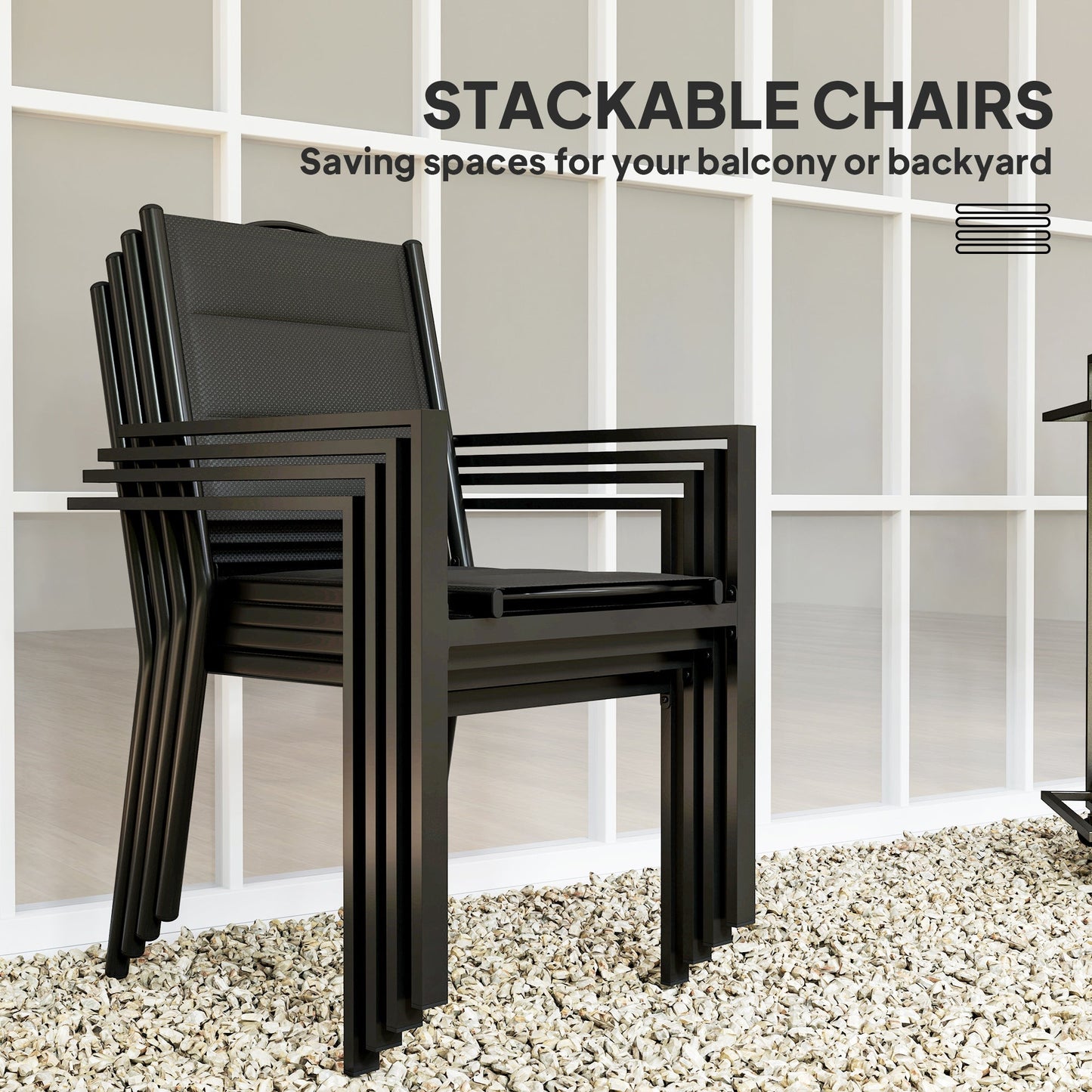 5 Piece Outdoor Dining Set, Patio Furniture Set with 4 Stackable Chairs, Rectangle Table, Tempered Glass Top, Steel Frame, for Backyard, Porch, Garden, Poolside