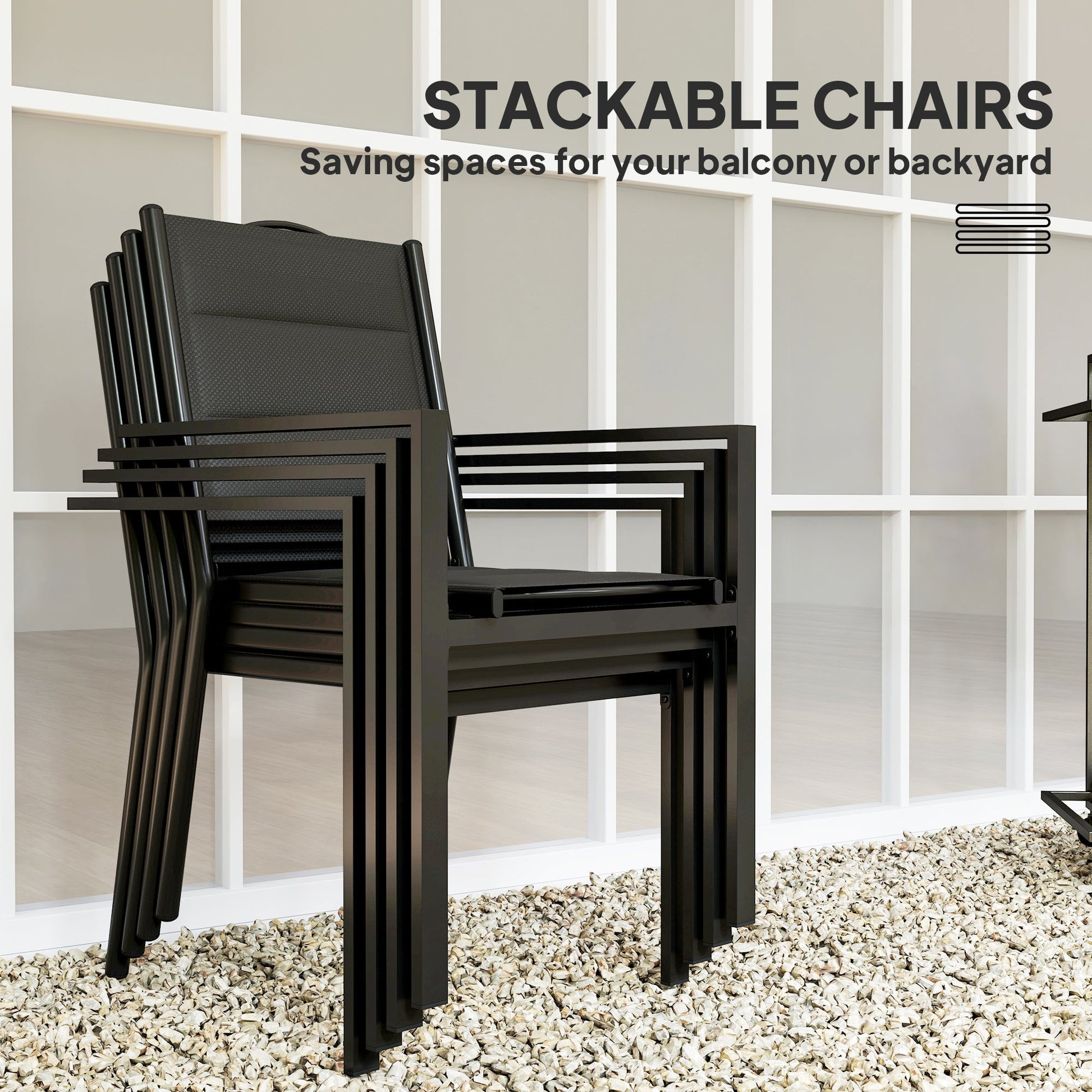 5 Piece Outdoor Dining Set, Patio Furniture Set with 4 Stackable Chairs, Rectangle Table, Tempered Glass Top, Steel Frame, for Backyard, Porch, Garden, Poolside