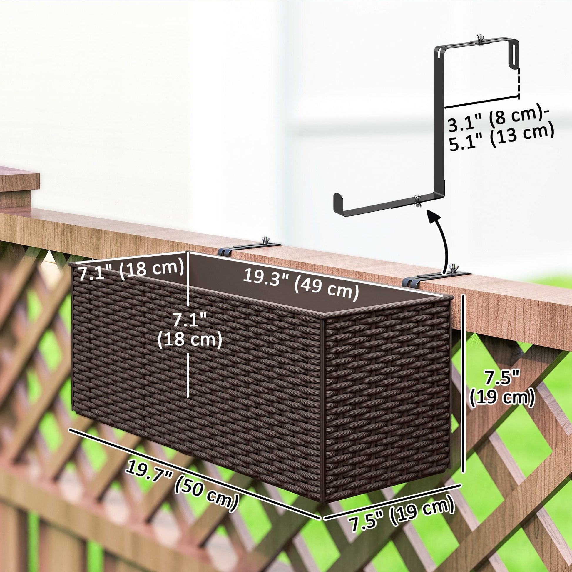 2 Pack Railing Planter Box, 20 Inch Hanging Flower Pots with Hooks and Drainage Hole, Rectangular Planters for Fence, Balcony, Garden, Patio, Rattan Look, Brown