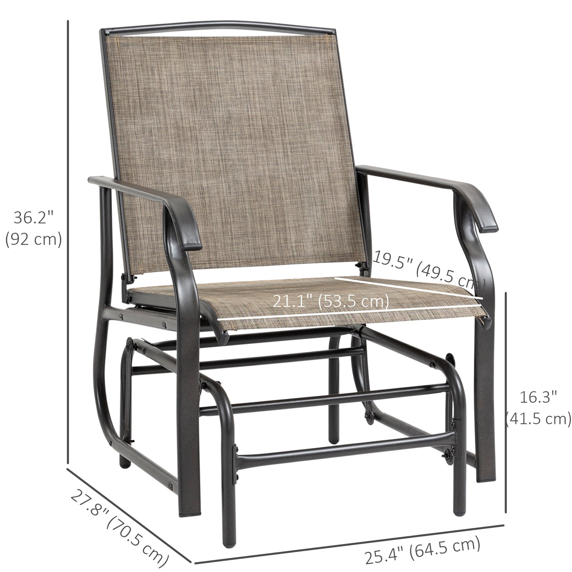 2 Pieces Outdoor Patio Glider Chairs, 2 Person Glider Rocking Chair Set with Breathable Mesh Fabric and Steel Frame for Porch, Garden, Outdoor Furniture Set, Dark Brown