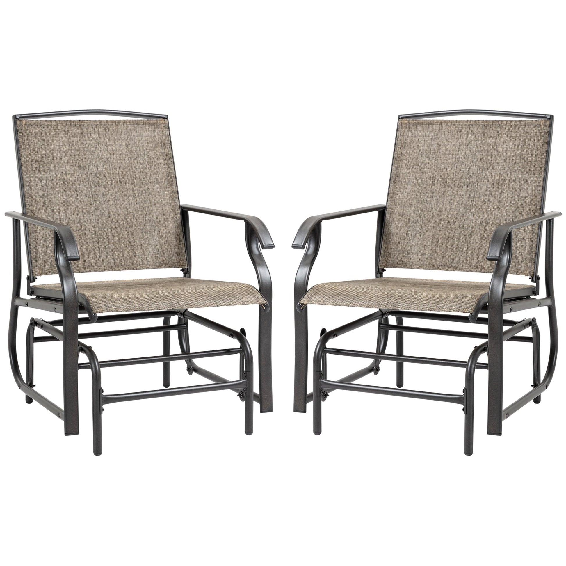 2 Pieces Outdoor Patio Glider Chairs, 2 Person Glider Rocking Chair Set with Breathable Mesh Fabric and Steel Frame for Porch, Garden, Outdoor Furniture Set, Dark Brown