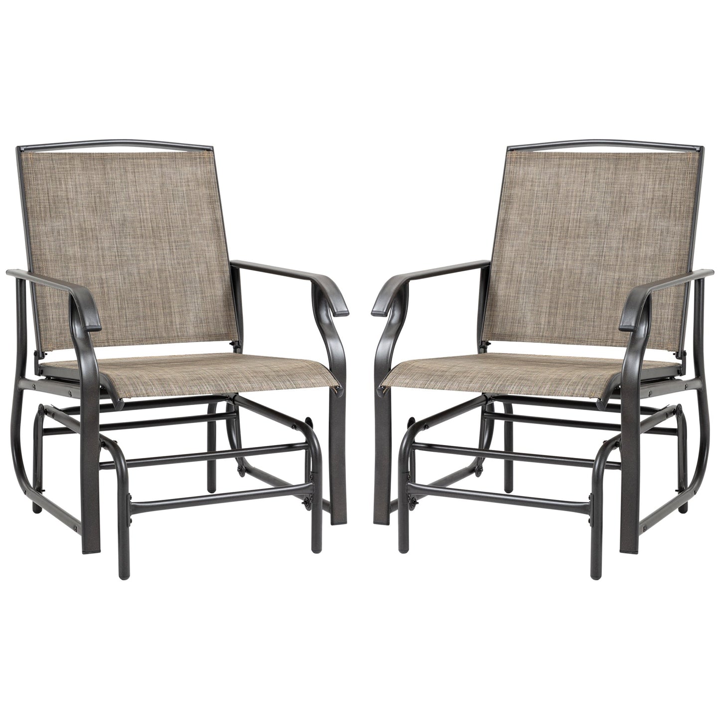 2 Pieces Outdoor Patio Glider Chairs, 2 Person Glider Rocking Chair Set with Breathable Mesh Fabric and Steel Frame for Porch, Garden, Outdoor Furniture Set, Dark Brown