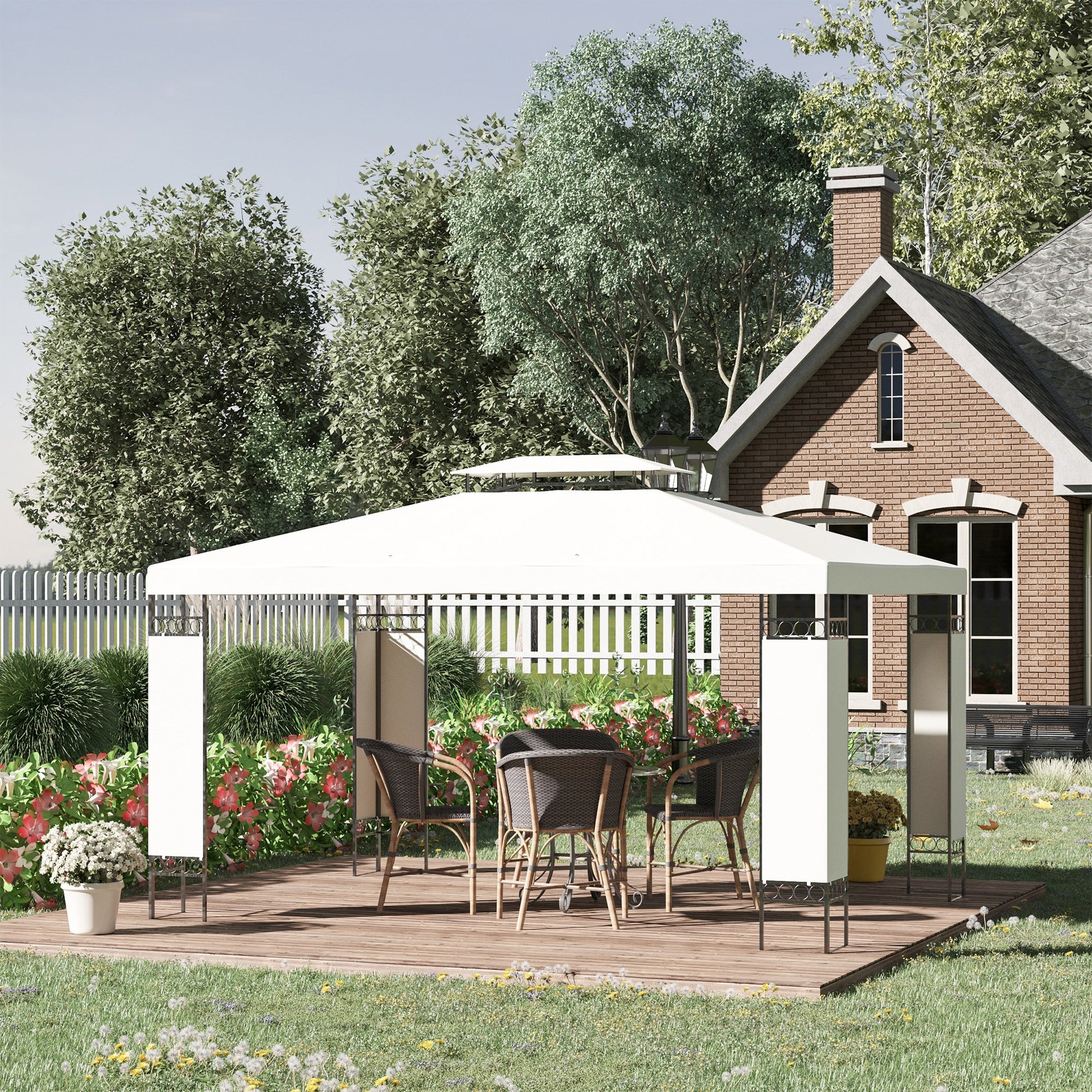 10' x 13' Outdoor Gazebo, Double Roof Patio Gazebo Canopy Shelter with Screen Decorate Corner Frame for Garden, Lawn, Backyard and Deck, White