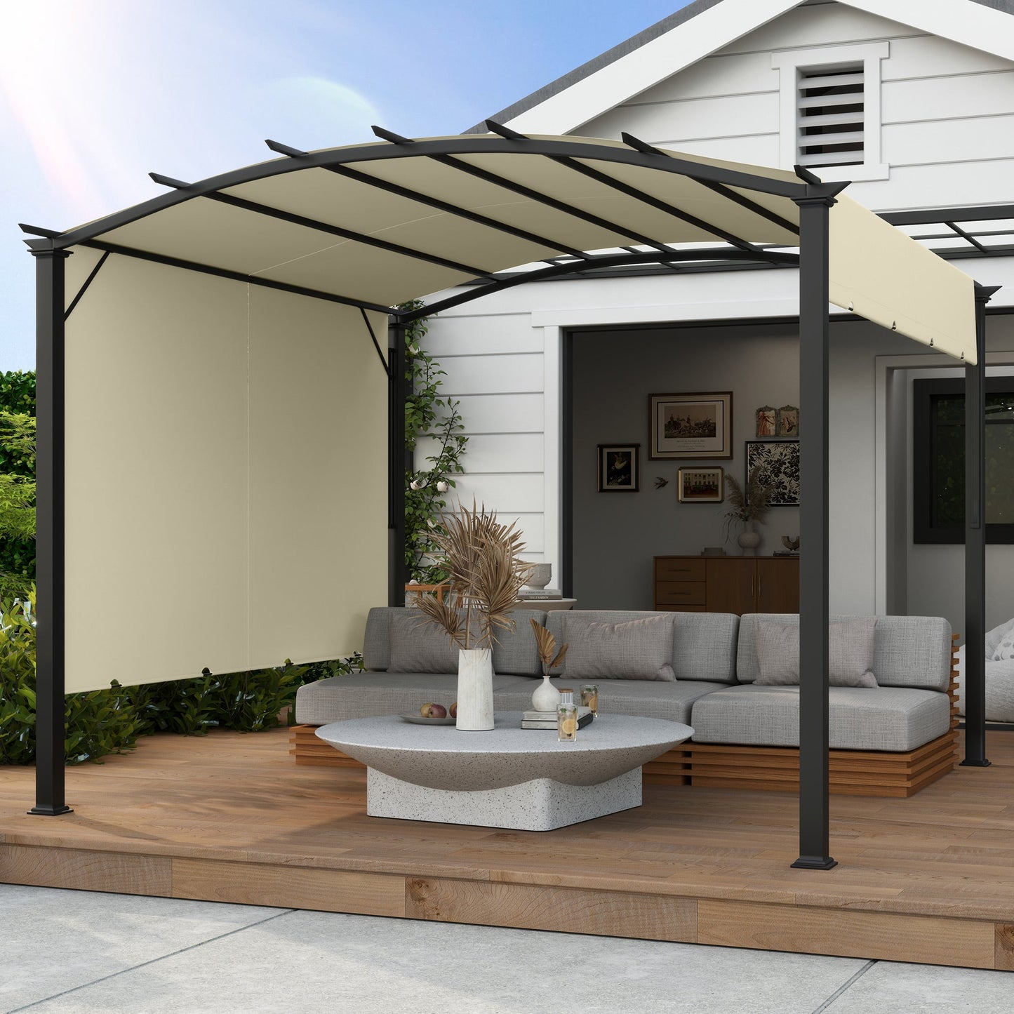 11' x 11' Retractable Pergola Canopy, Outdoor Arched Pergola Shade Metal Frame for Patio, Backyard, Garden, Deck, Porch, Beige