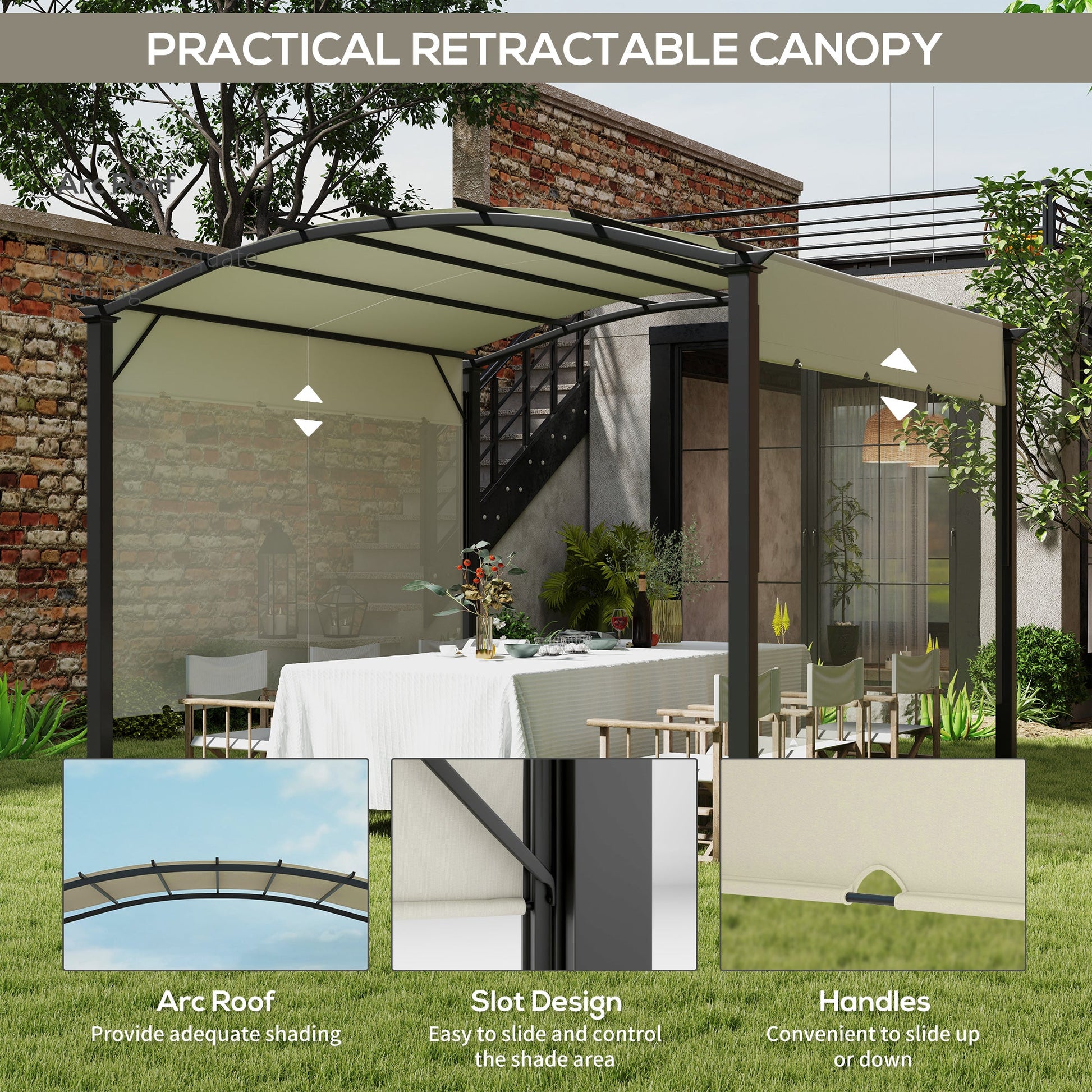 11' x 11' Retractable Pergola Canopy, Outdoor Arched Pergola Shade Metal Frame for Patio, Backyard, Garden, Deck, Porch, Beige