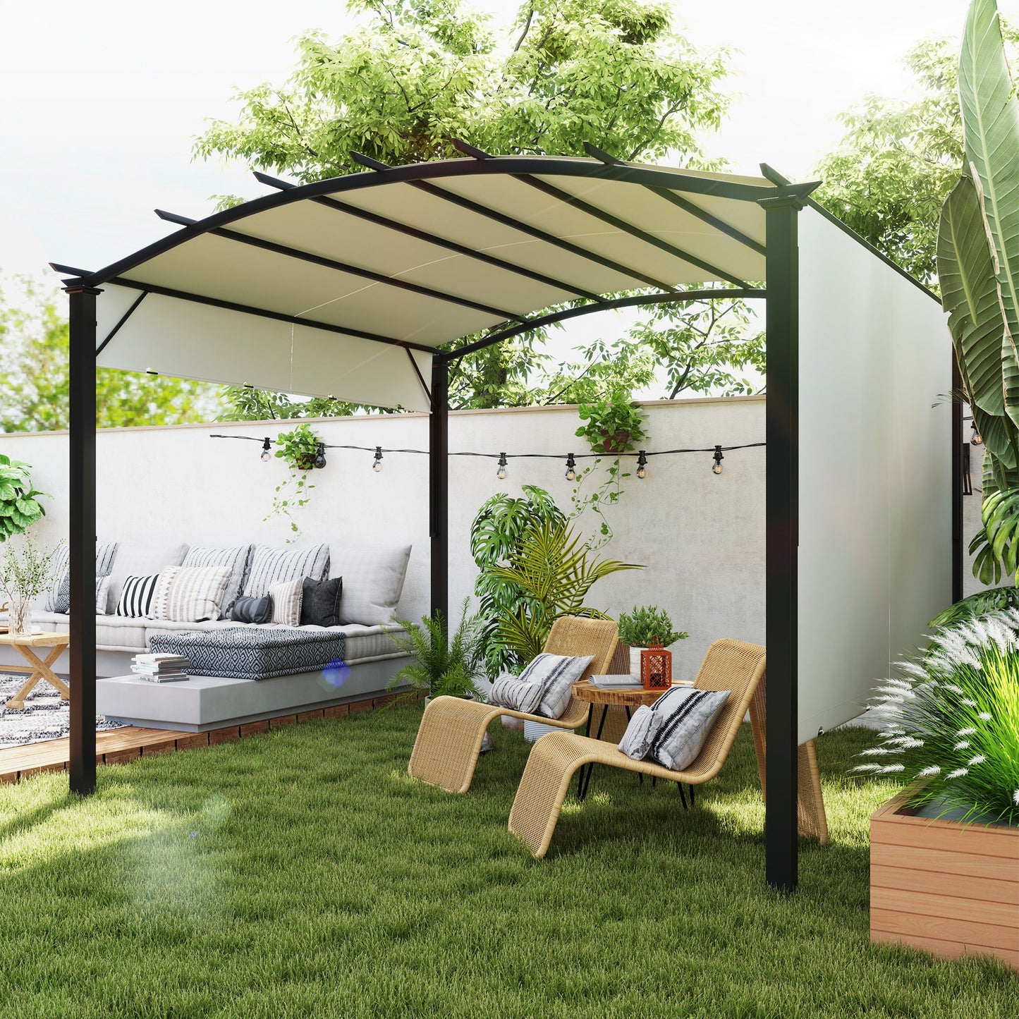 11' x 11' Retractable Pergola Canopy, Outdoor Arched Pergola Shade Metal Frame for Patio, Backyard, Garden, Deck, Porch, Beige