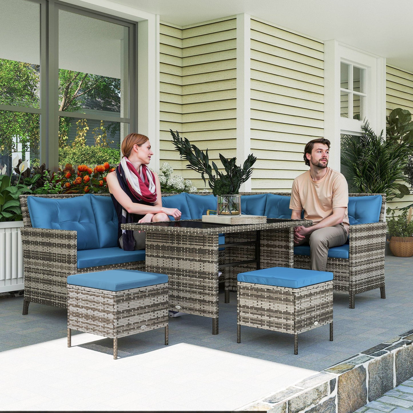 6 Pieces Patio Dining Set Wicker Outdoor Furniture Set Garden Rattan Sofa Set Outdoor Sectional Couch with Cushions, Dining Table and Ottomans, Blue