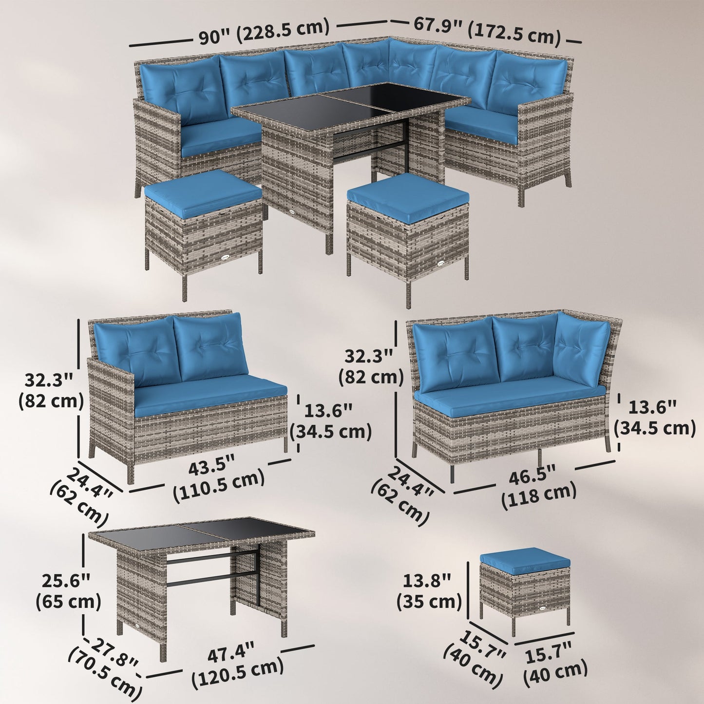 6 Pieces Patio Dining Set Wicker Outdoor Furniture Set Garden Rattan Sofa Set Outdoor Sectional Couch with Cushions, Dining Table and Ottomans, Blue