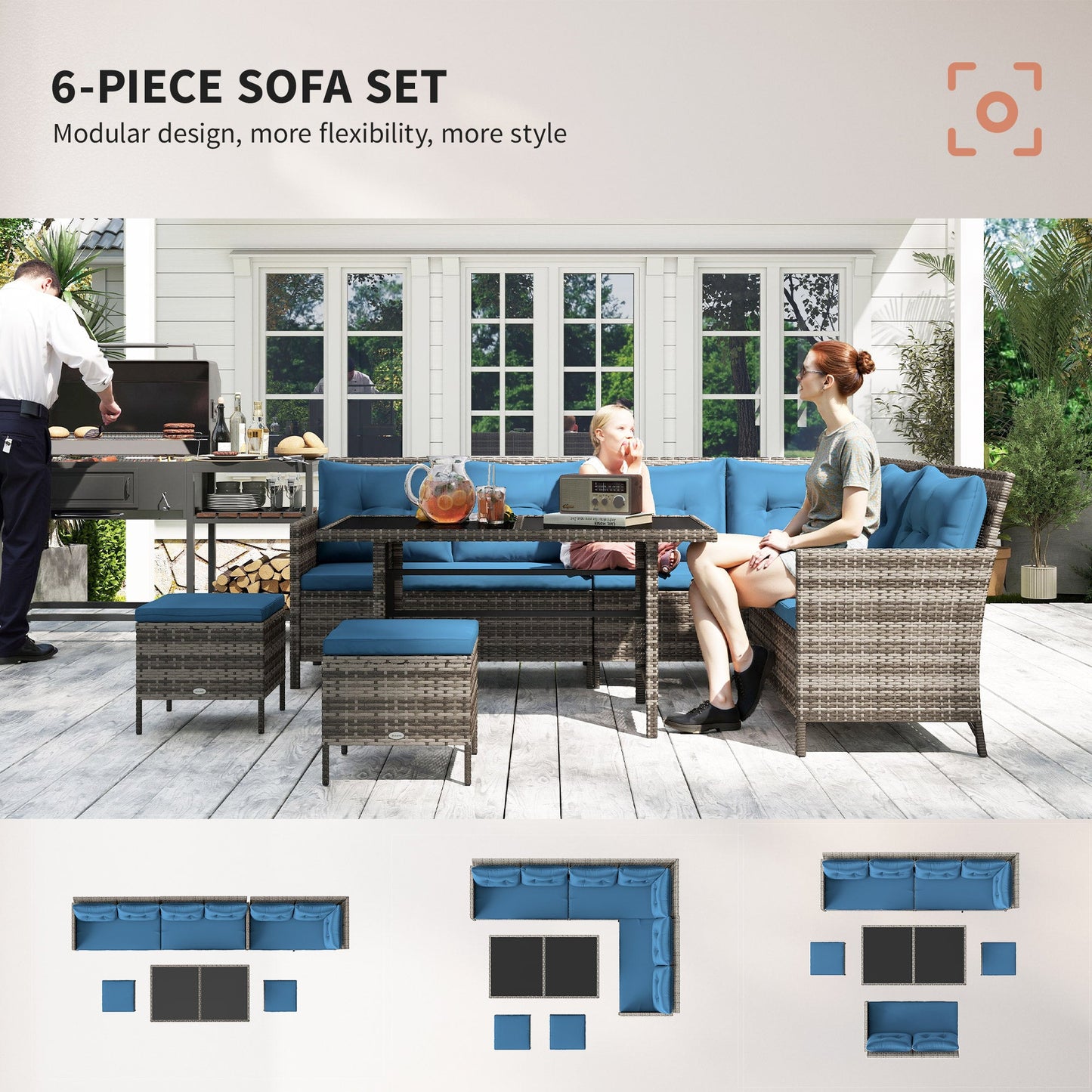 6 Pieces Patio Dining Set Wicker Outdoor Furniture Set Garden Rattan Sofa Set Outdoor Sectional Couch with Cushions, Dining Table and Ottomans, Blue