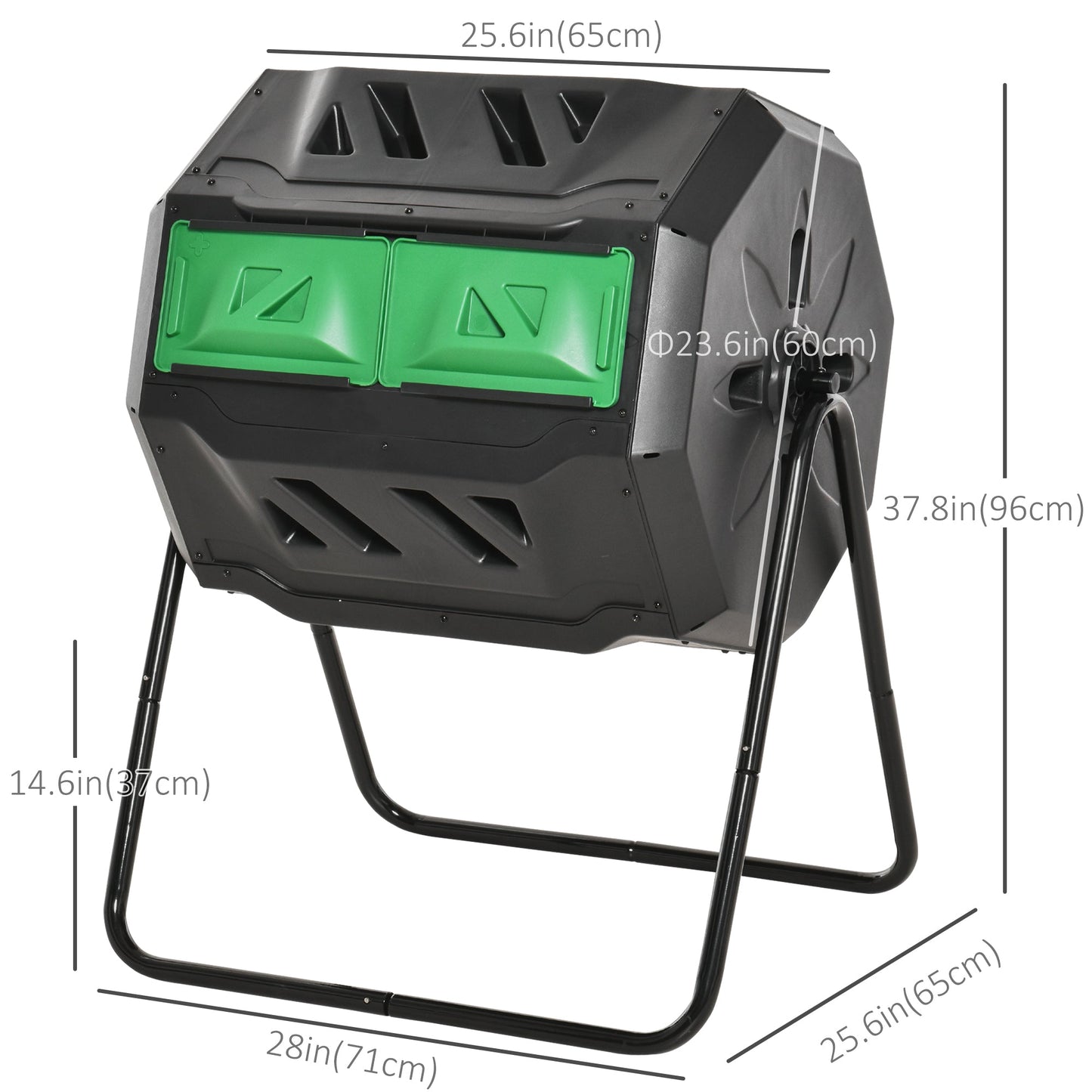 43 Gallon (160L) Tumbling Compost Bin Outdoor Dual Chamber 360° Rotating Composter with Sliding Doors, Solid Steel Frame and Gloves, Green