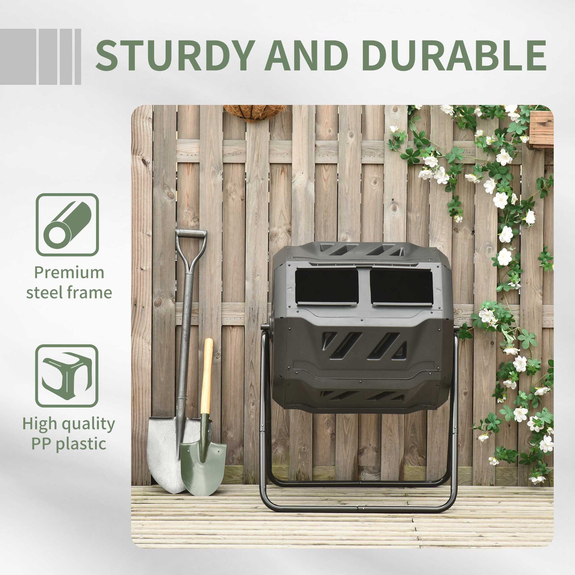43 Gallon (160L) Tumbling Compost Bin Outdoor Dual Chamber 360° Rotating Composter with Sliding Doors, Solid Steel Frame and Gloves, Green