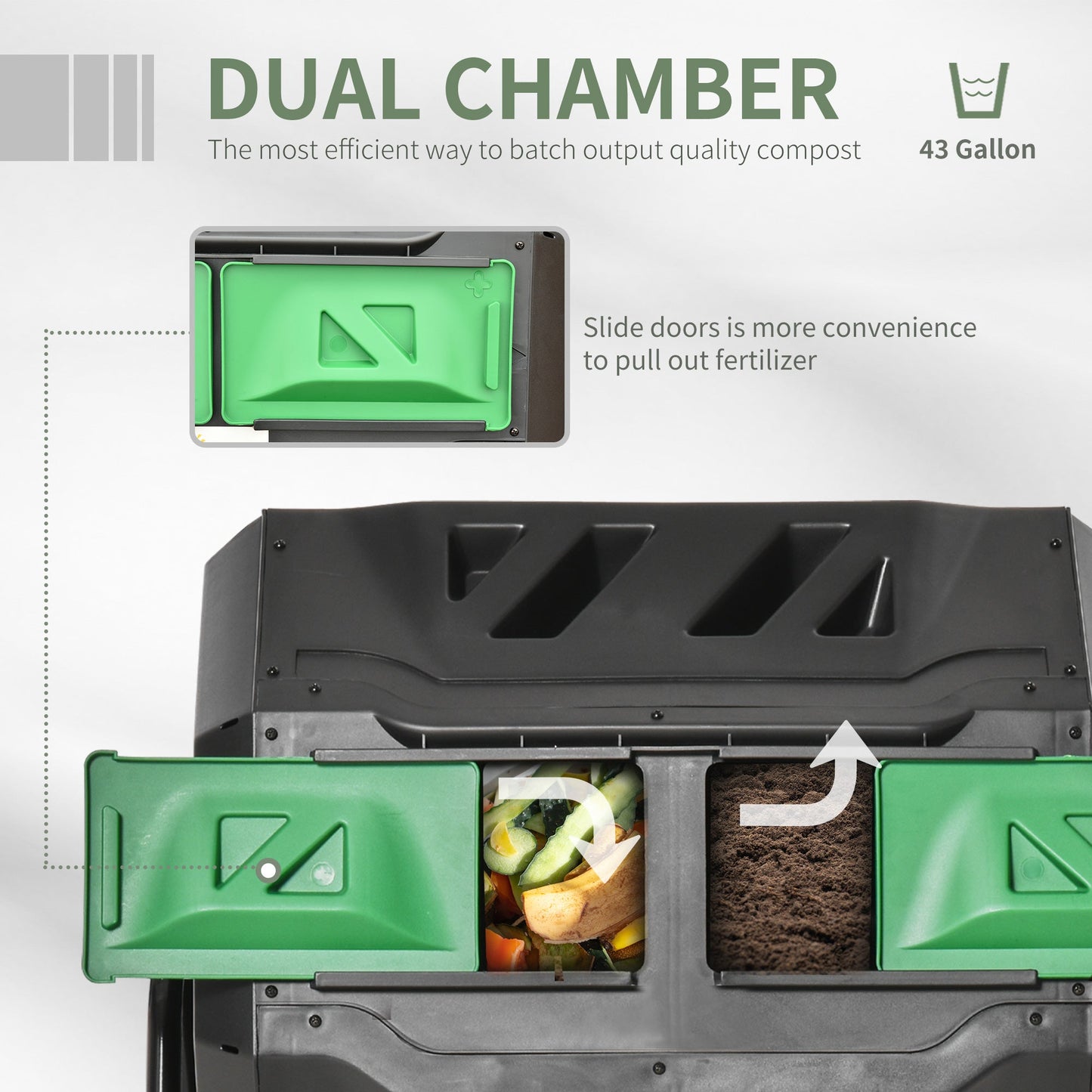 43 Gallon (160L) Tumbling Compost Bin Outdoor Dual Chamber 360° Rotating Composter with Sliding Doors, Solid Steel Frame and Gloves, Green