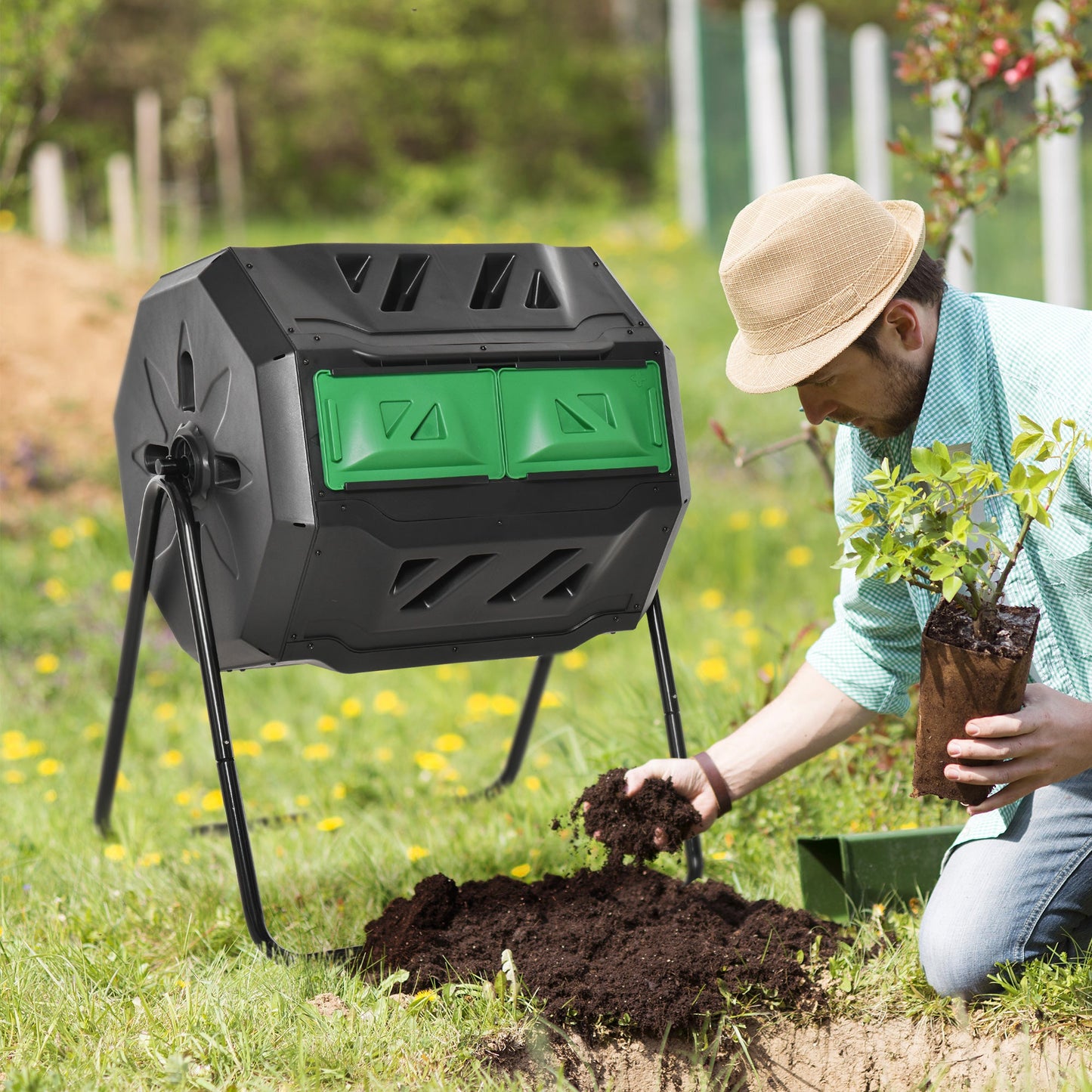 43 Gallon (160L) Tumbling Compost Bin Outdoor Dual Chamber 360° Rotating Composter with Sliding Doors, Solid Steel Frame and Gloves, Green