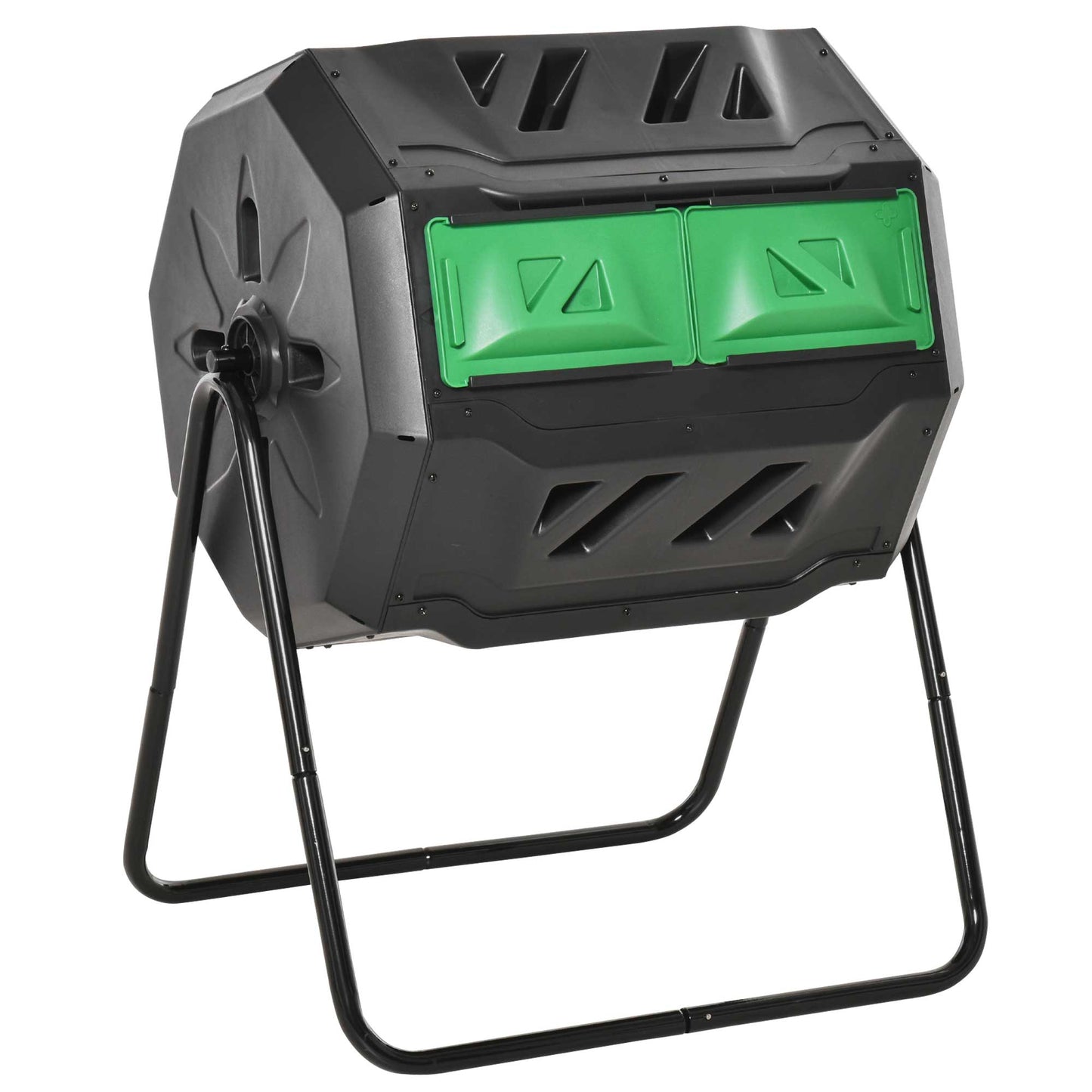 43 Gallon (160L) Tumbling Compost Bin Outdoor Dual Chamber 360° Rotating Composter with Sliding Doors, Solid Steel Frame and Gloves, Green