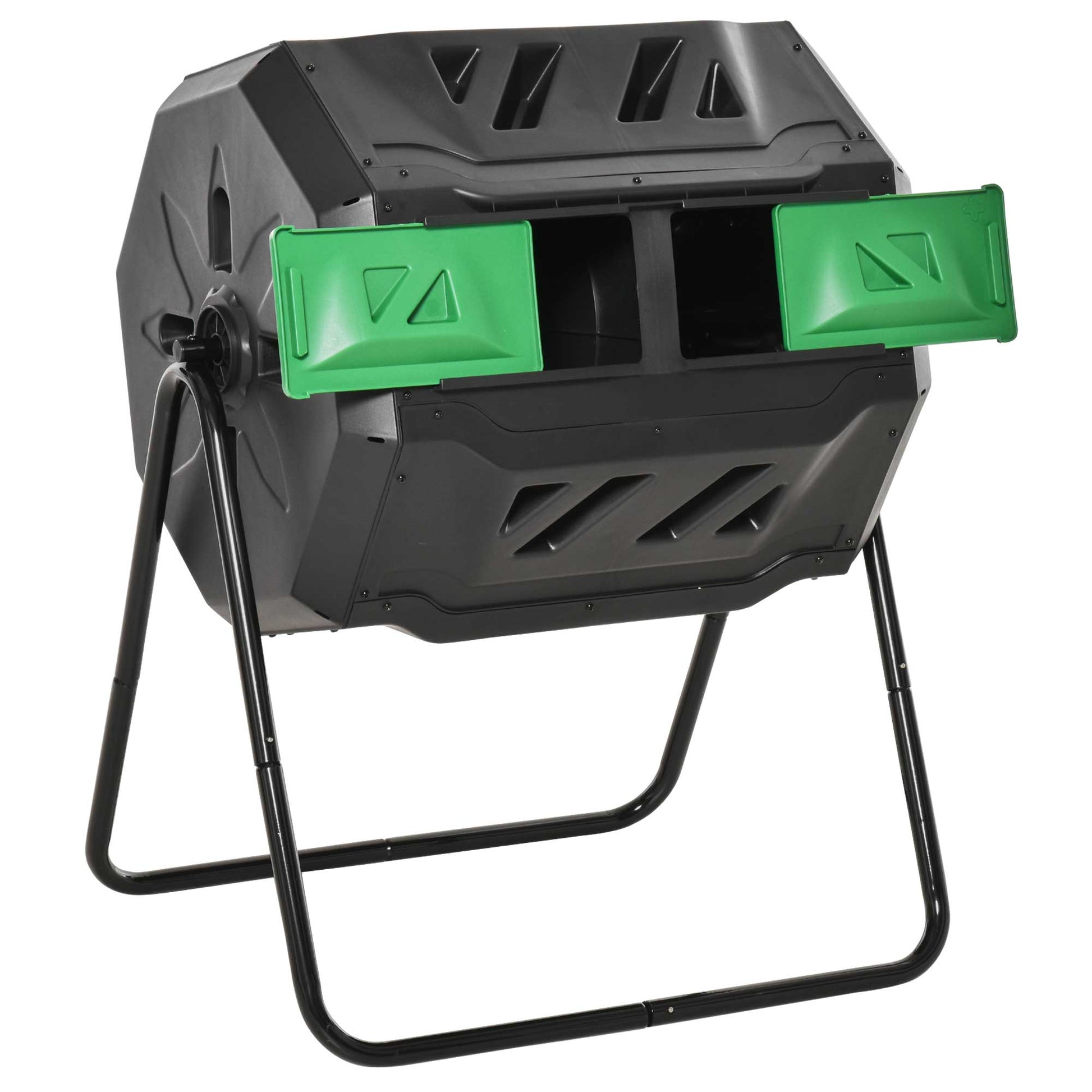 43 Gallon (160L) Tumbling Compost Bin Outdoor Dual Chamber 360° Rotating Composter with Sliding Doors, Solid Steel Frame and Gloves, Green