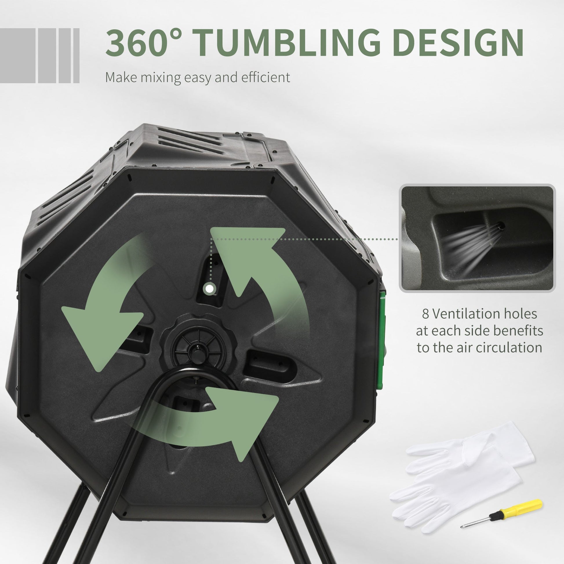 43 Gallon (160L) Tumbling Compost Bin Outdoor Dual Chamber 360° Rotating Composter with Sliding Doors, Solid Steel Frame and Gloves, Green