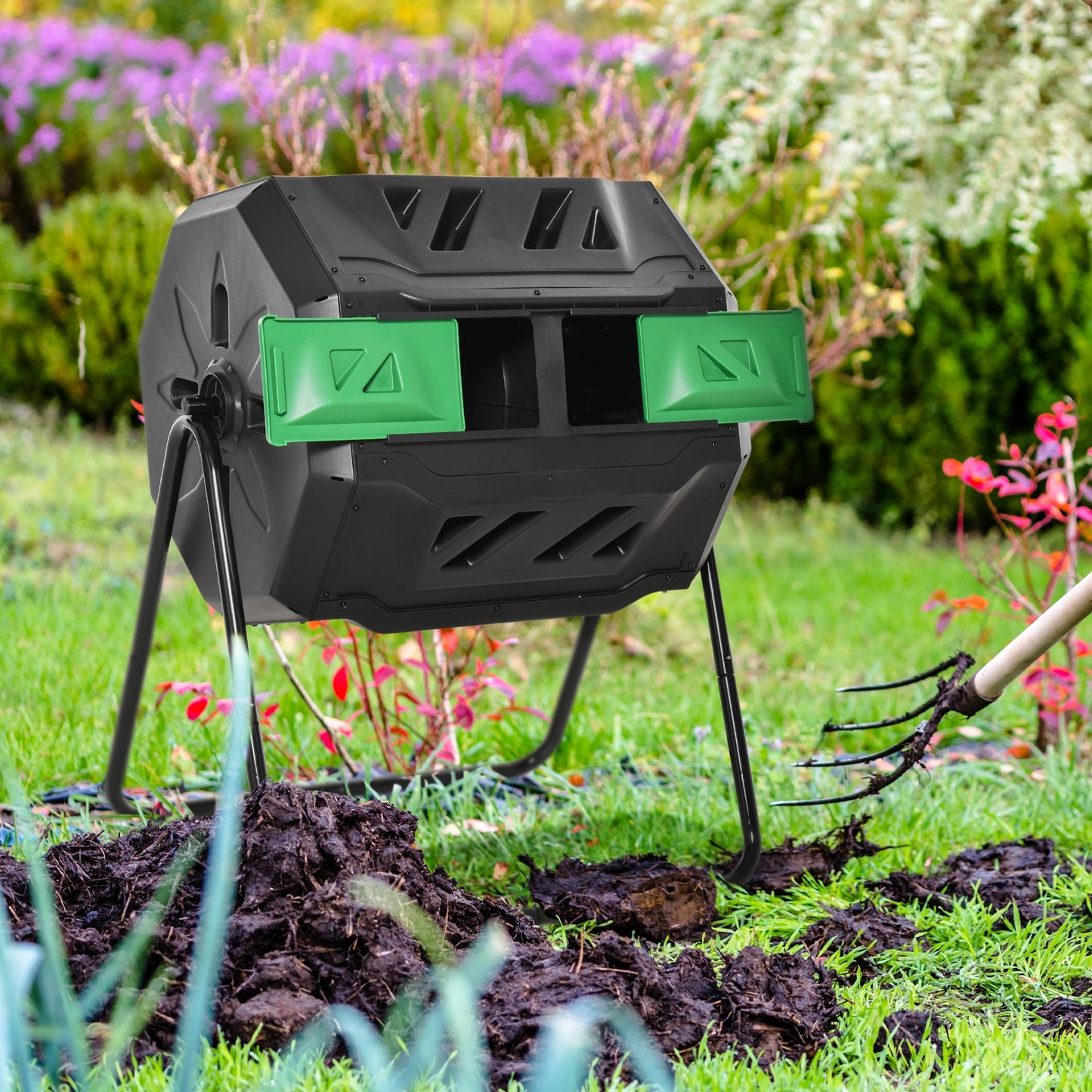 43 Gallon (160L) Tumbling Compost Bin Outdoor Dual Chamber 360° Rotating Composter with Sliding Doors, Solid Steel Frame and Gloves, Green
