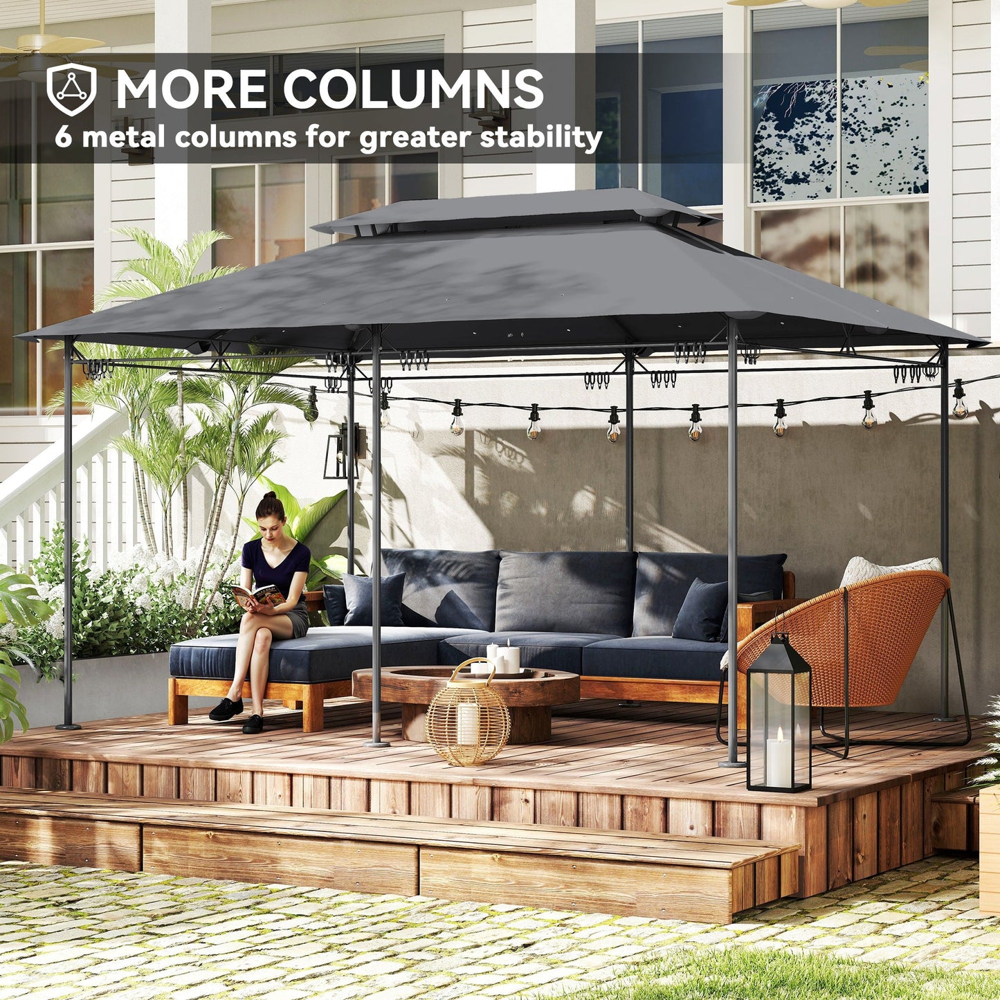  10' x 13' Patio Gazebo, Double Roof Outdoor Gazebo Canopy Shelter with Curtains, Solid Metal Frame for Garden, Lawn, Backyard and Deck, Grey
