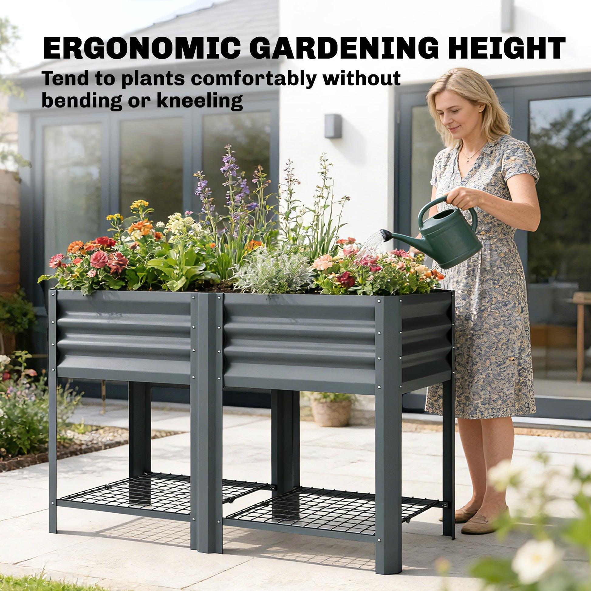 Galvanized Steel Raised Garden Bed, Elevated Planter Box with Legs and Storage Shelf, Raised Planter for Vegetables, Flowers, Herbs, for Outdoor, Patio, Yard, Dark Grey