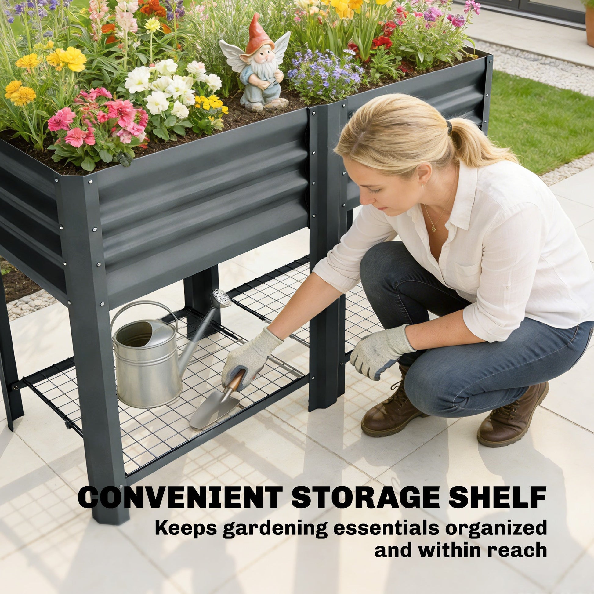 Galvanized Steel Raised Garden Bed, Elevated Planter Box with Legs and Storage Shelf, Raised Planter for Vegetables, Flowers, Herbs, for Outdoor, Patio, Yard, Dark Grey