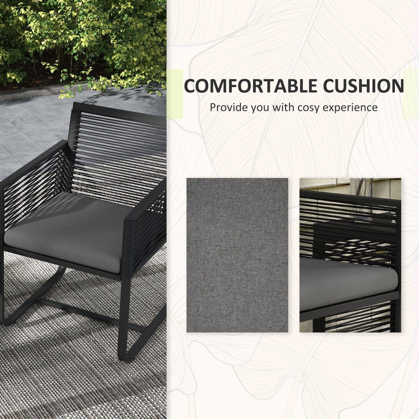3 Pieces Wicker Patio Furniture Set, Rattan Bistro Set with Glass Top Coffee Table and Cushions, Outdoor Conversation Set for Garden, Porch, Balcony, Black