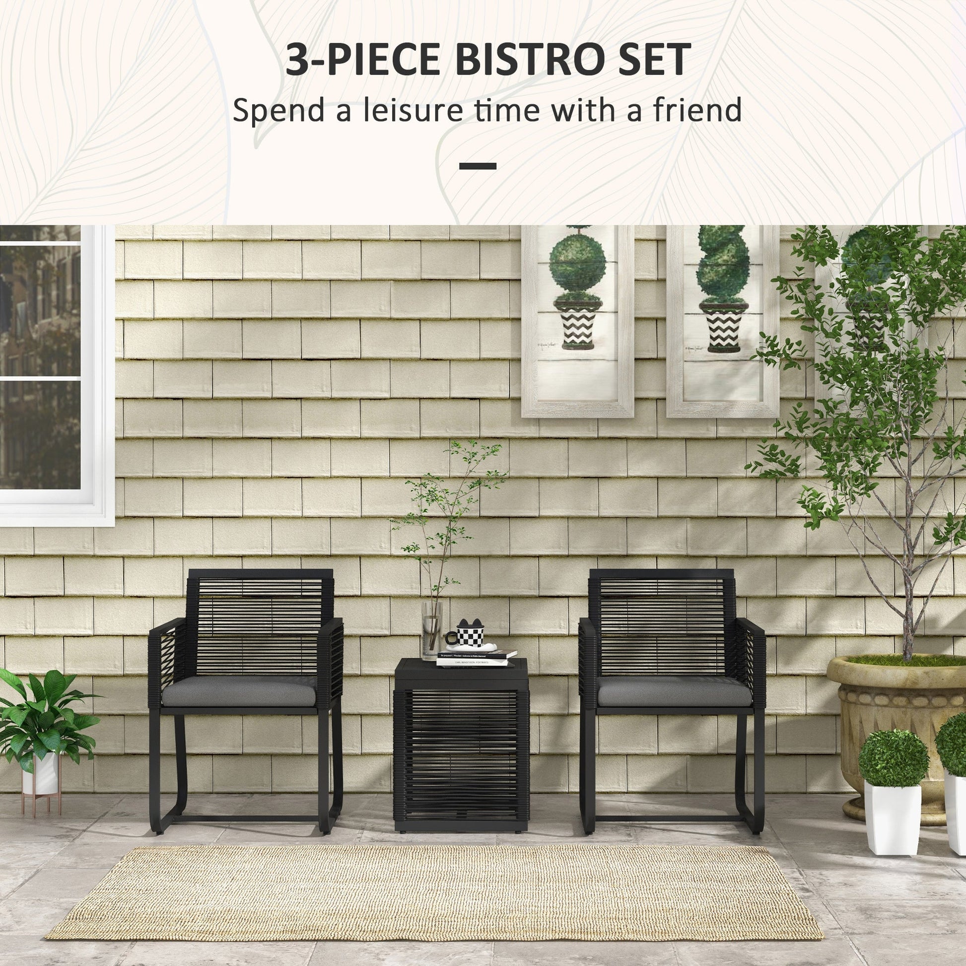3 Pieces Wicker Patio Furniture Set, Rattan Bistro Set with Glass Top Coffee Table and Cushions, Outdoor Conversation Set for Garden, Porch, Balcony, Black