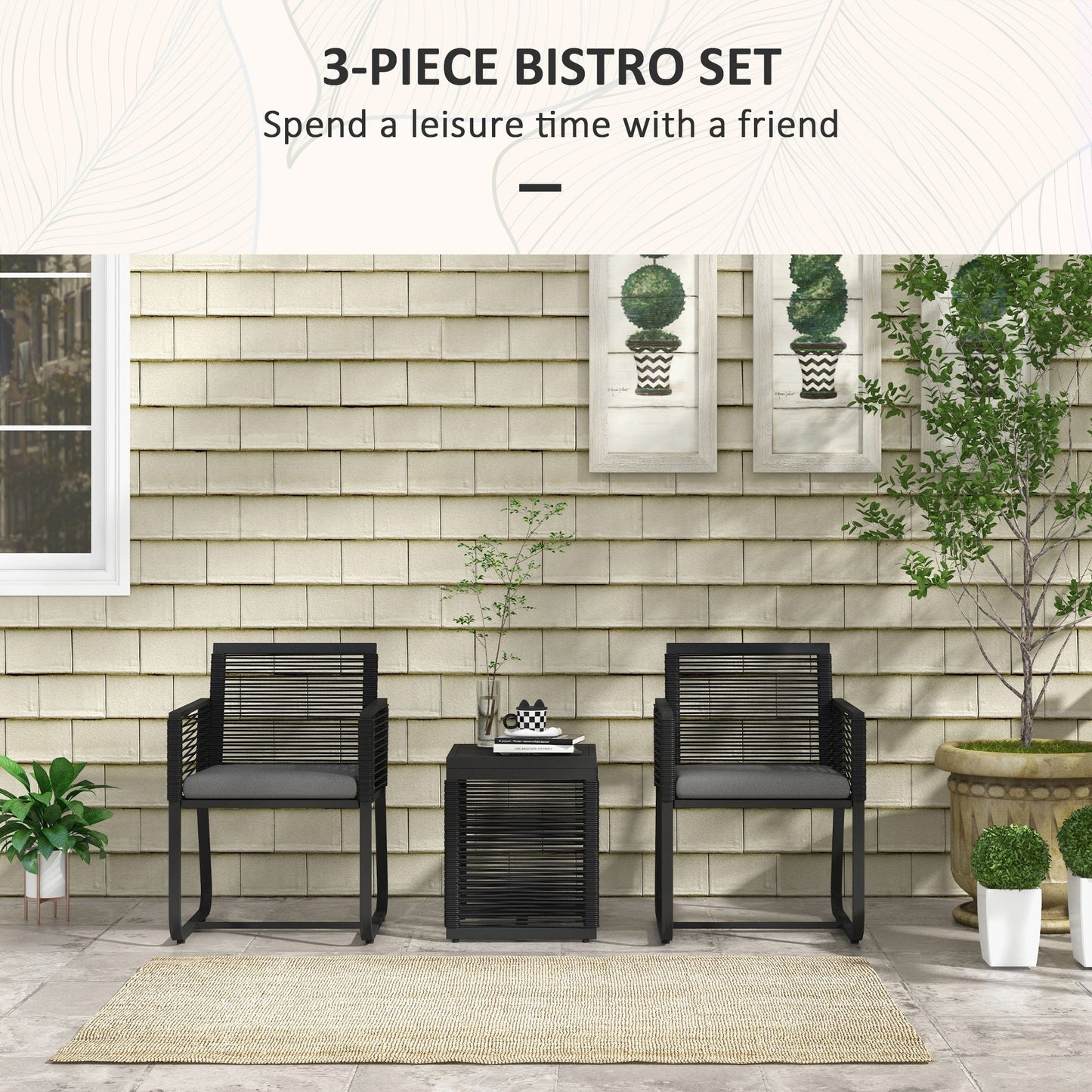 3 Pieces Wicker Patio Furniture Set, Rattan Bistro Set with Glass Top Coffee Table and Cushions, Outdoor Conversation Set for Garden, Porch, Balcony, Black