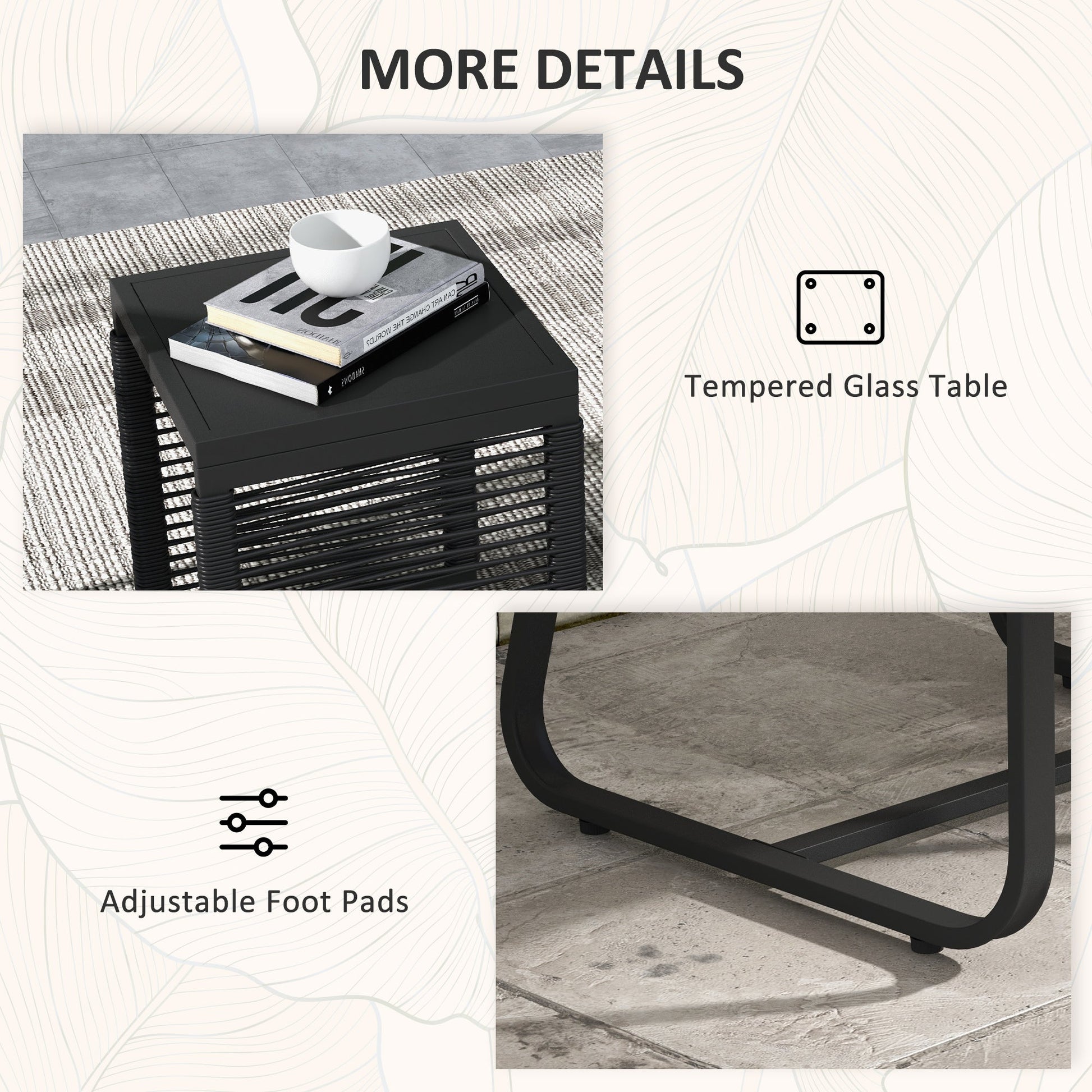 3 Pieces Wicker Patio Furniture Set, Rattan Bistro Set with Glass Top Coffee Table and Cushions, Outdoor Conversation Set for Garden, Porch, Balcony, Black