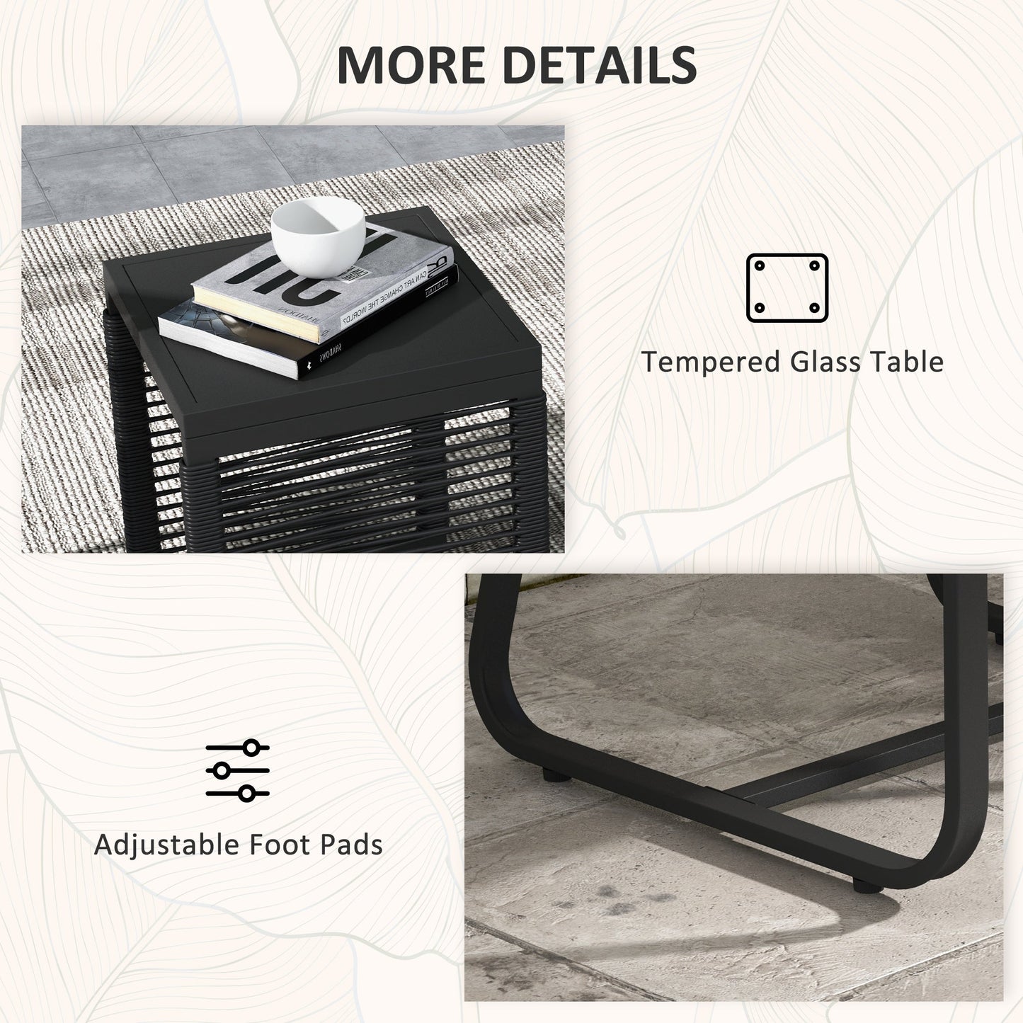 3 Pieces Wicker Patio Furniture Set, Rattan Bistro Set with Glass Top Coffee Table and Cushions, Outdoor Conversation Set for Garden, Porch, Balcony, Black