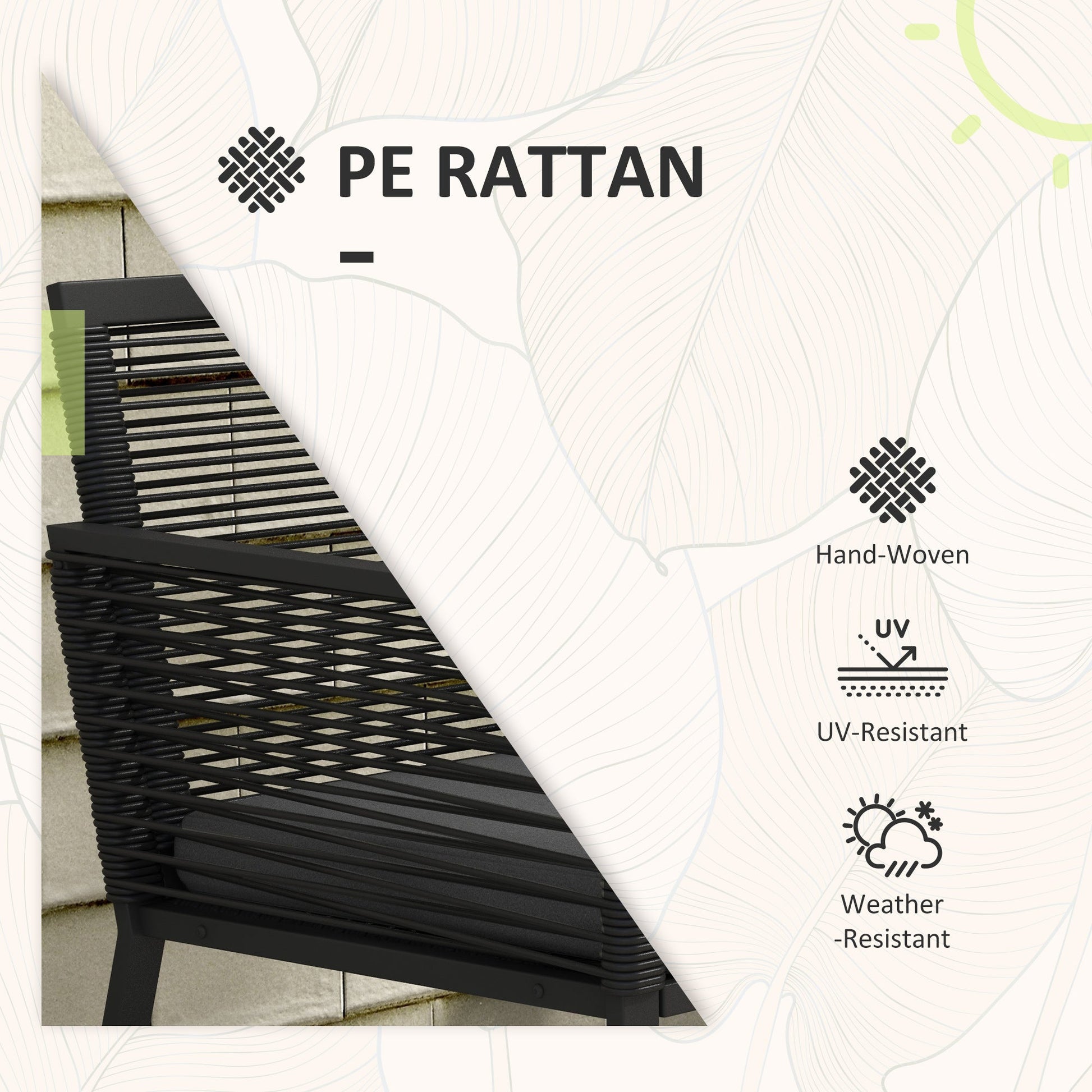 3 Pieces Wicker Patio Furniture Set, Rattan Bistro Set with Glass Top Coffee Table and Cushions, Outdoor Conversation Set for Garden, Porch, Balcony, Black