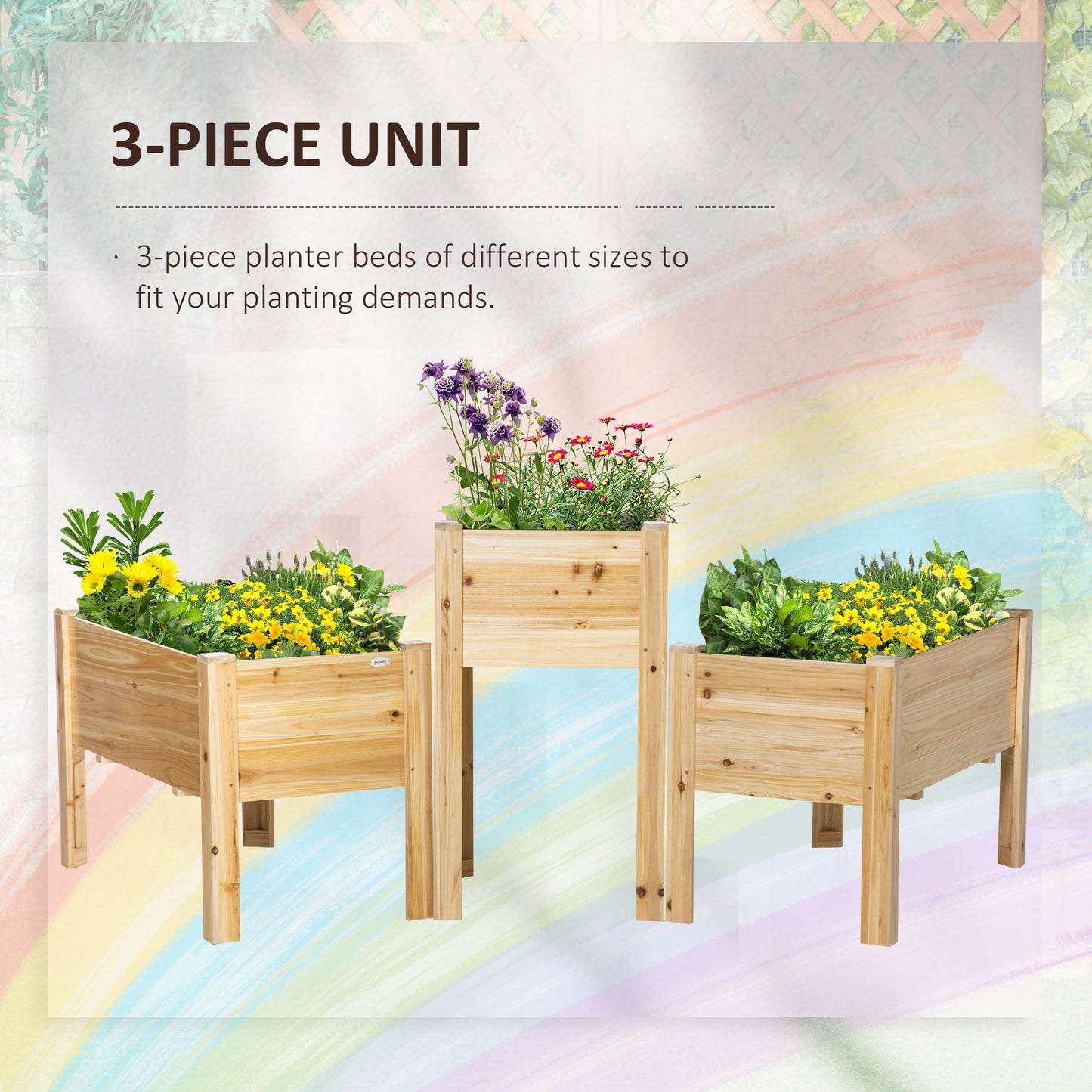 Raised Garden Bed Set of 3, Wood Planter Box, Elevated Raised Beds for Fruit Vegetable Flower Herb, Outdoor Freestanding Garden Boxes for Patio Lawn