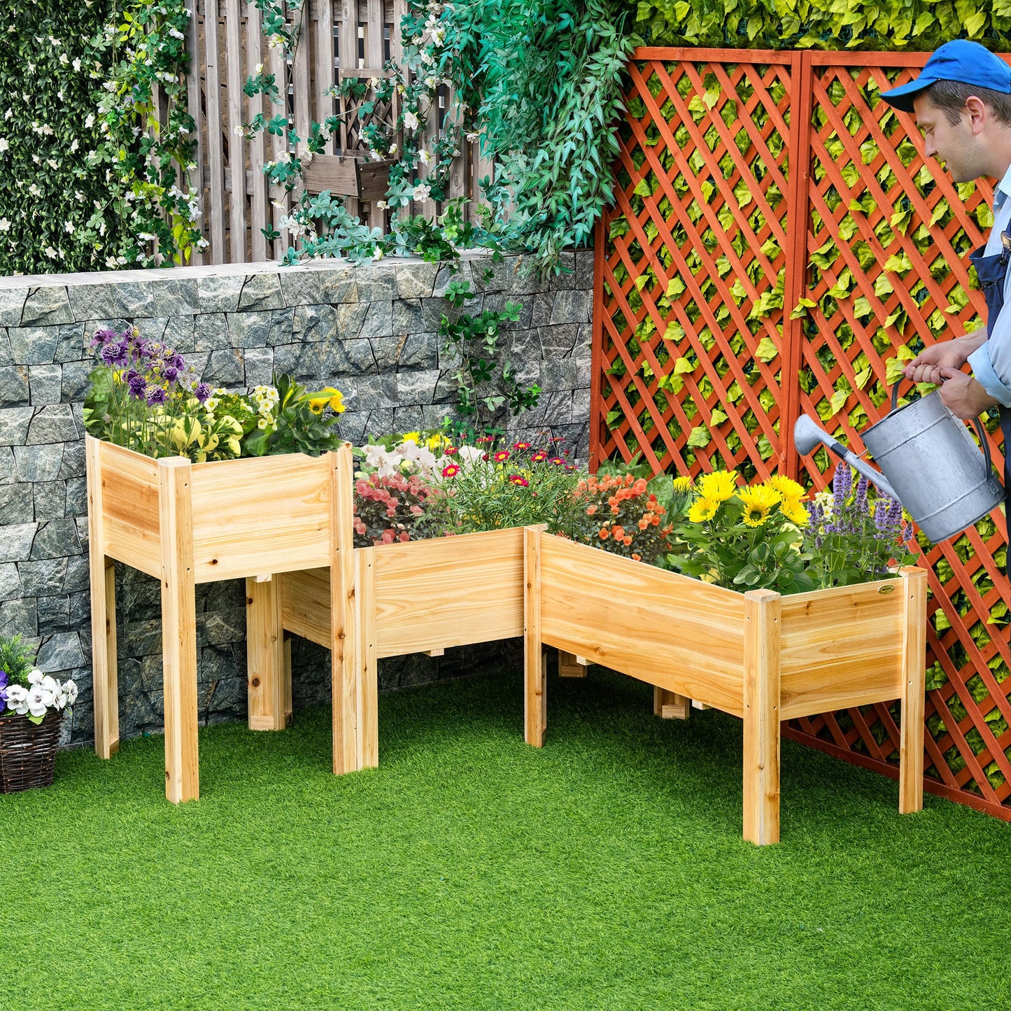 Raised Garden Bed Set of 3, Wood Planter Box, Elevated Raised Beds for Fruit Vegetable Flower Herb, Outdoor Freestanding Garden Boxes for Patio Lawn