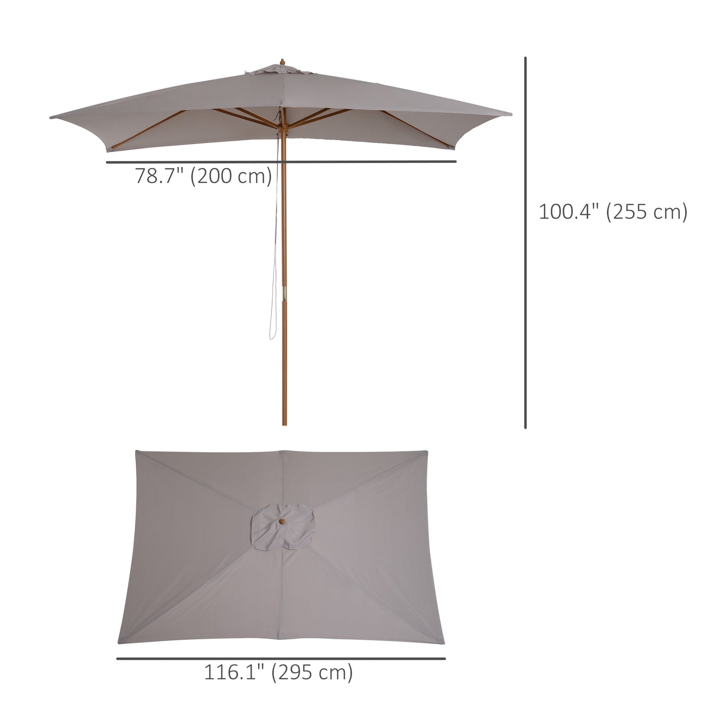 7' x 10' Wooden Patio Umbrella, Rectangular Garden Parasol, Market Table Umbrella with Top Vent, Grey