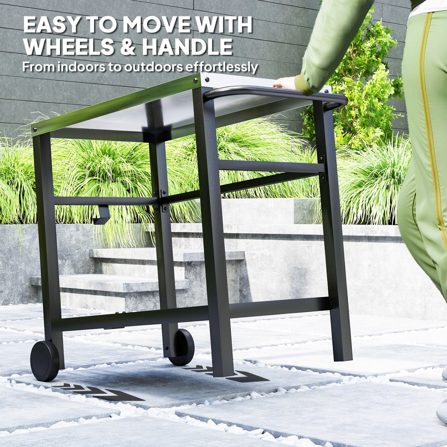Outdoor Grill Dining Cart with Stainless Steel Tabletop, 2-Shelf BBQ Movable Pizza Oven Stand with Shelf, Hooks, Wheels, Charcoal Grey
