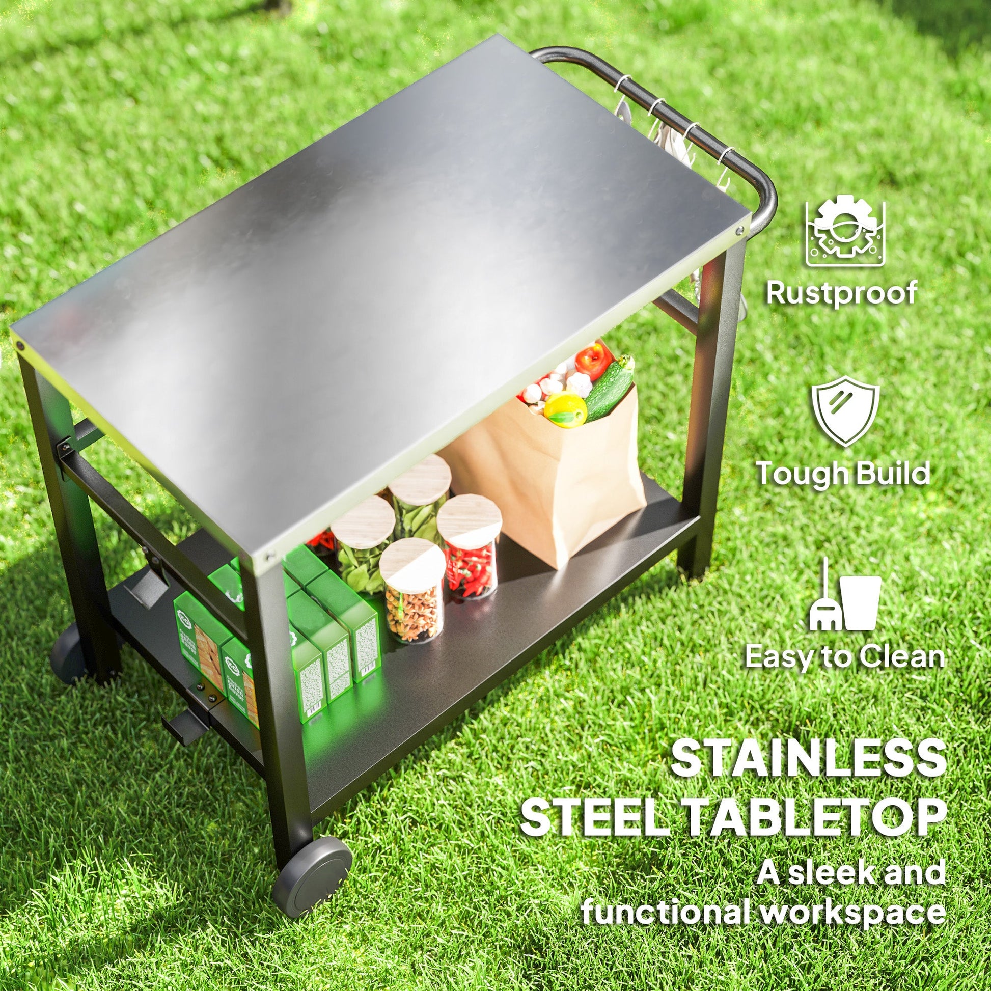 Outdoor Grill Dining Cart with Stainless Steel Tabletop, 2-Shelf BBQ Movable Pizza Oven Stand with Shelf, Hooks, Wheels, Charcoal Grey