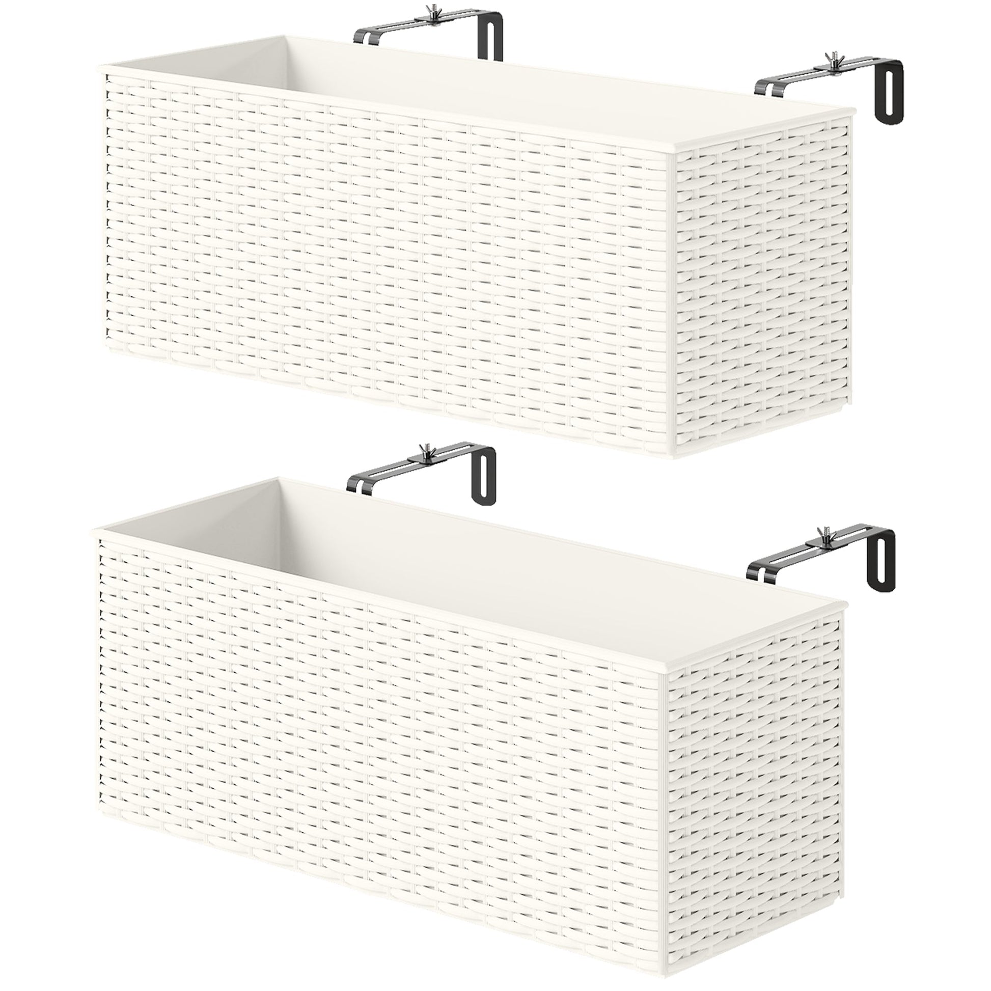 2 Pack Railing Planter Box, 20 Inch Hanging Flower Pots with Hooks and Drainage Hole, Rectangular Planters for Fence, Balcony, Garden, Patio, Rattan Look, White