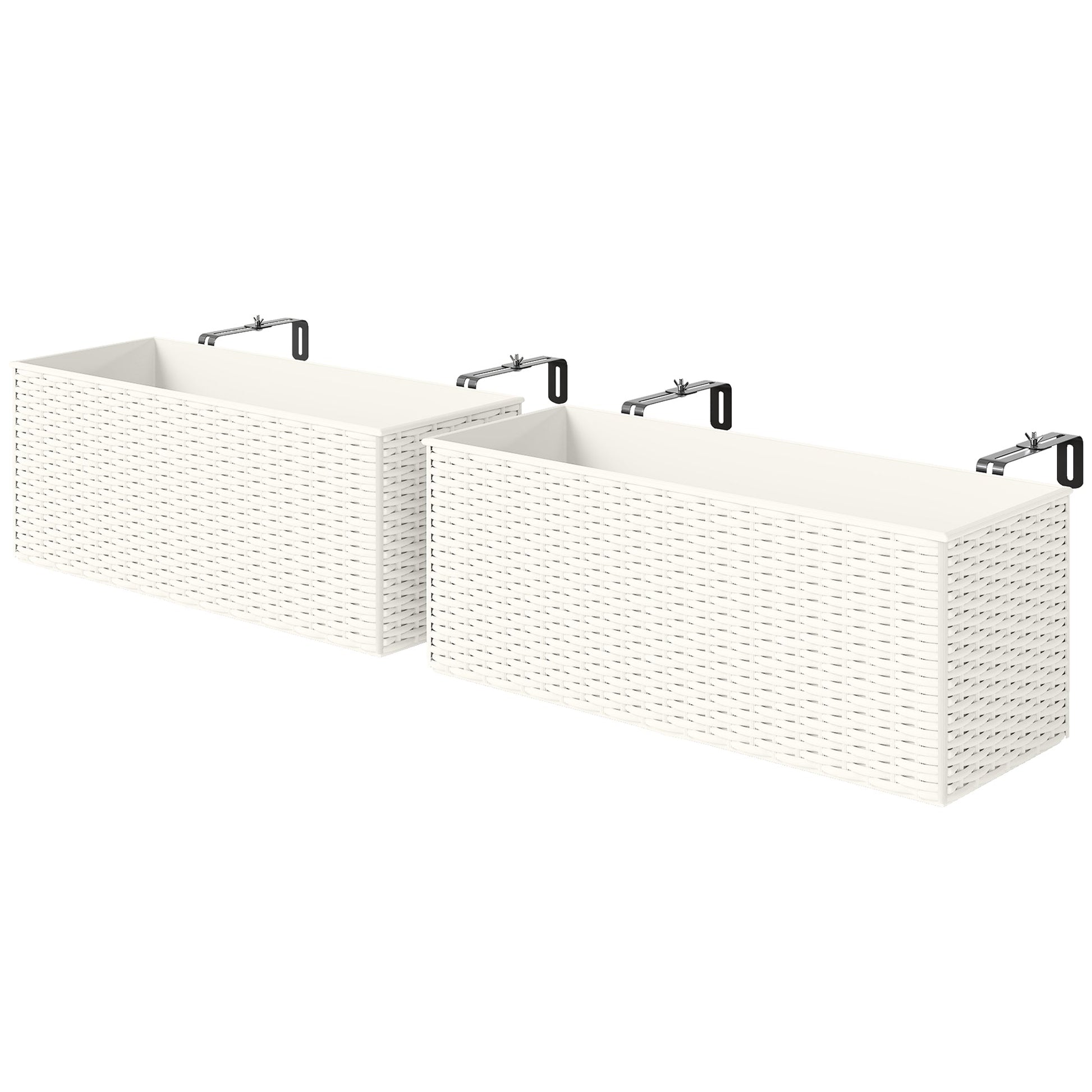 2 Pack Railing Planter Box, 20 Inch Hanging Flower Pots with Hooks and Drainage Hole, Rectangular Planters for Fence, Balcony, Garden, Patio, Rattan Look, White