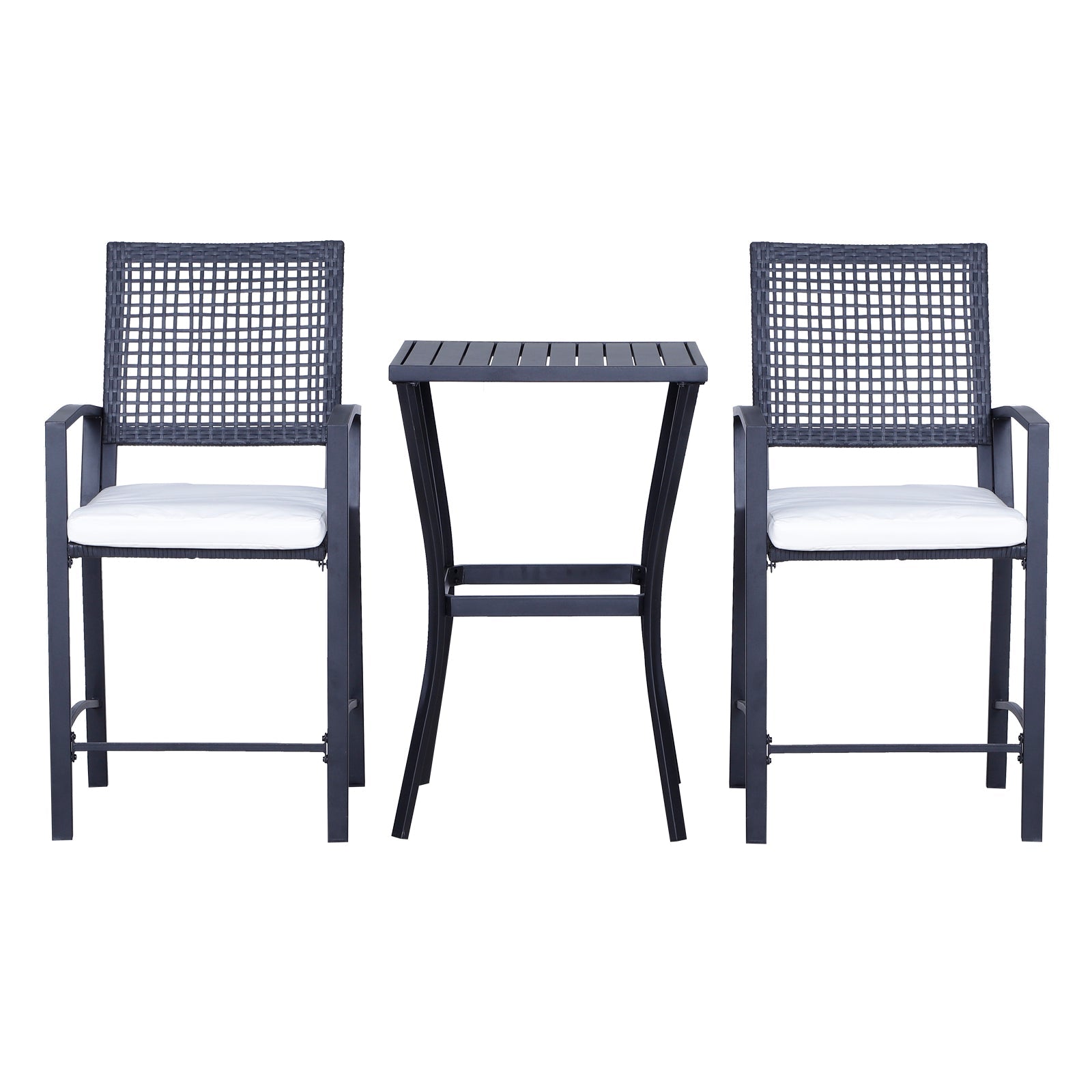 3 Pieces Outdoor Wicker Bar Set, Classic Bistro Bar Set Garden Rattan Style Patio Bar Table & High Chairs w/ Cushions Home Bar Furniture, Cream White