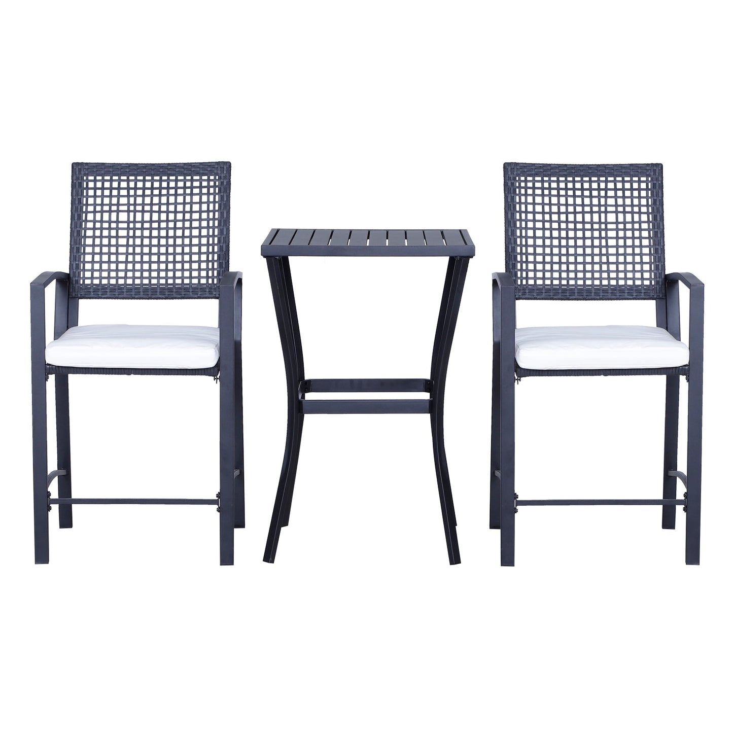 3 Pieces Outdoor Wicker Bar Set, Classic Bistro Bar Set Garden Rattan Style Patio Bar Table & High Chairs w/ Cushions Home Bar Furniture, Cream White
