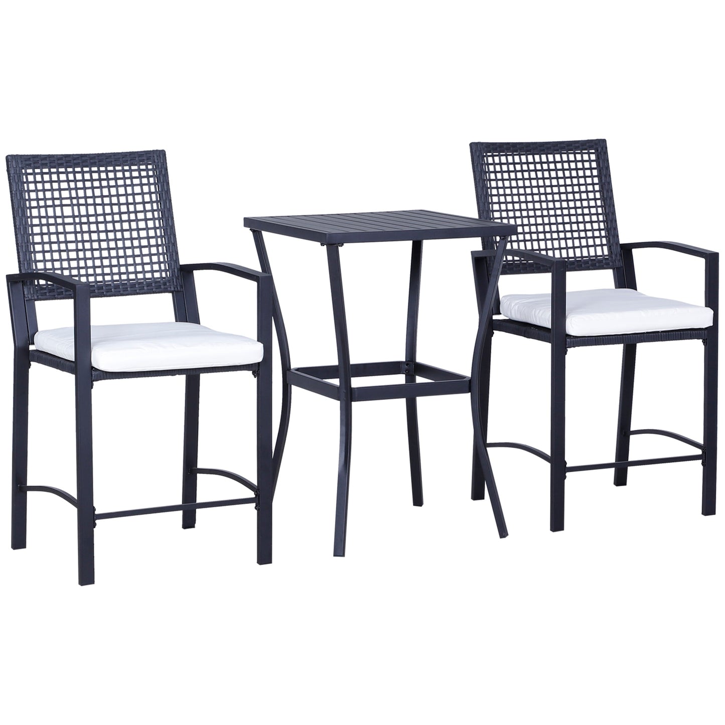 3 Pieces Outdoor Wicker Bar Set, Classic Bistro Bar Set Garden Rattan Style Patio Bar Table & High Chairs w/ Cushions Home Bar Furniture, Cream White