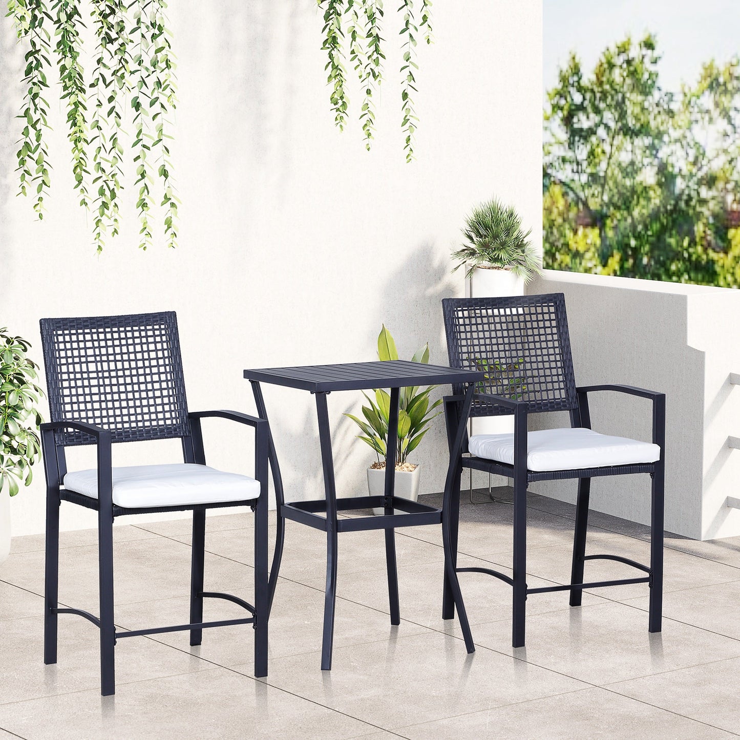 3 Pieces Outdoor Wicker Bar Set, Classic Bistro Bar Set Garden Rattan Style Patio Bar Table & High Chairs w/ Cushions Home Bar Furniture, Cream White