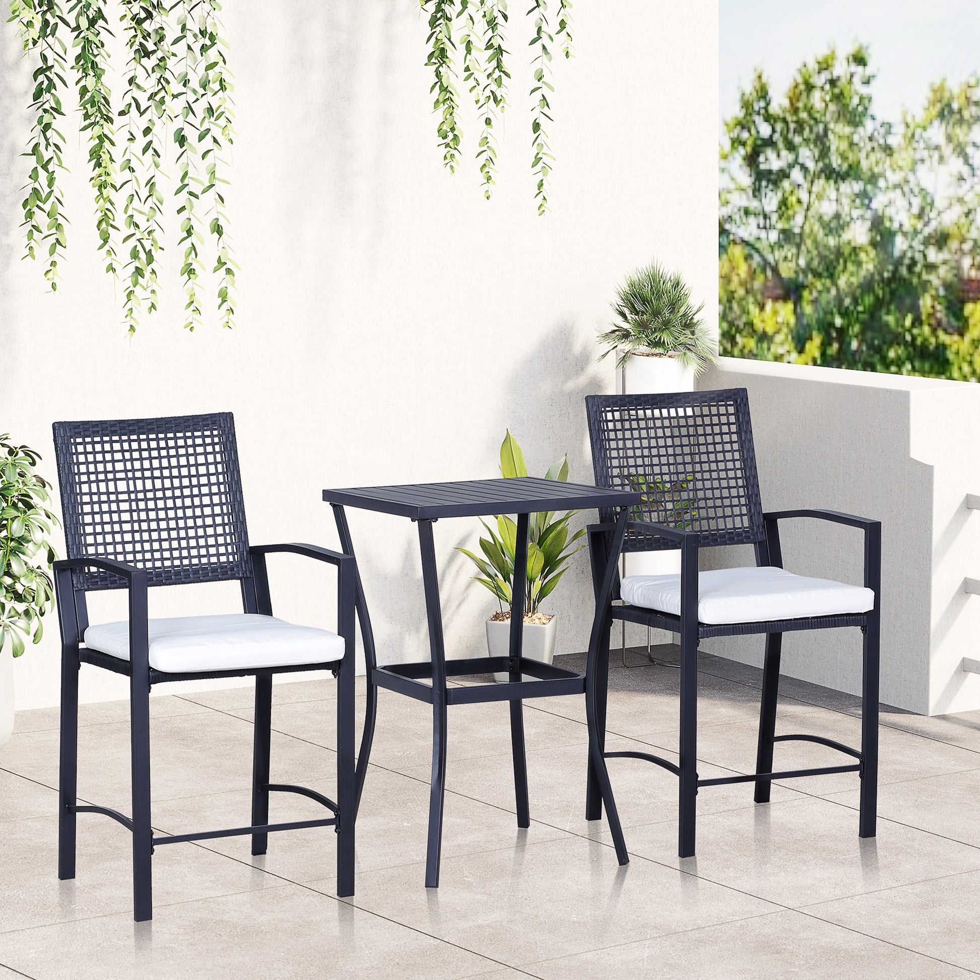 3 Pieces Outdoor Wicker Bar Set, Classic Bistro Bar Set Garden Rattan Style Patio Bar Table & High Chairs w/ Cushions Home Bar Furniture, Cream White