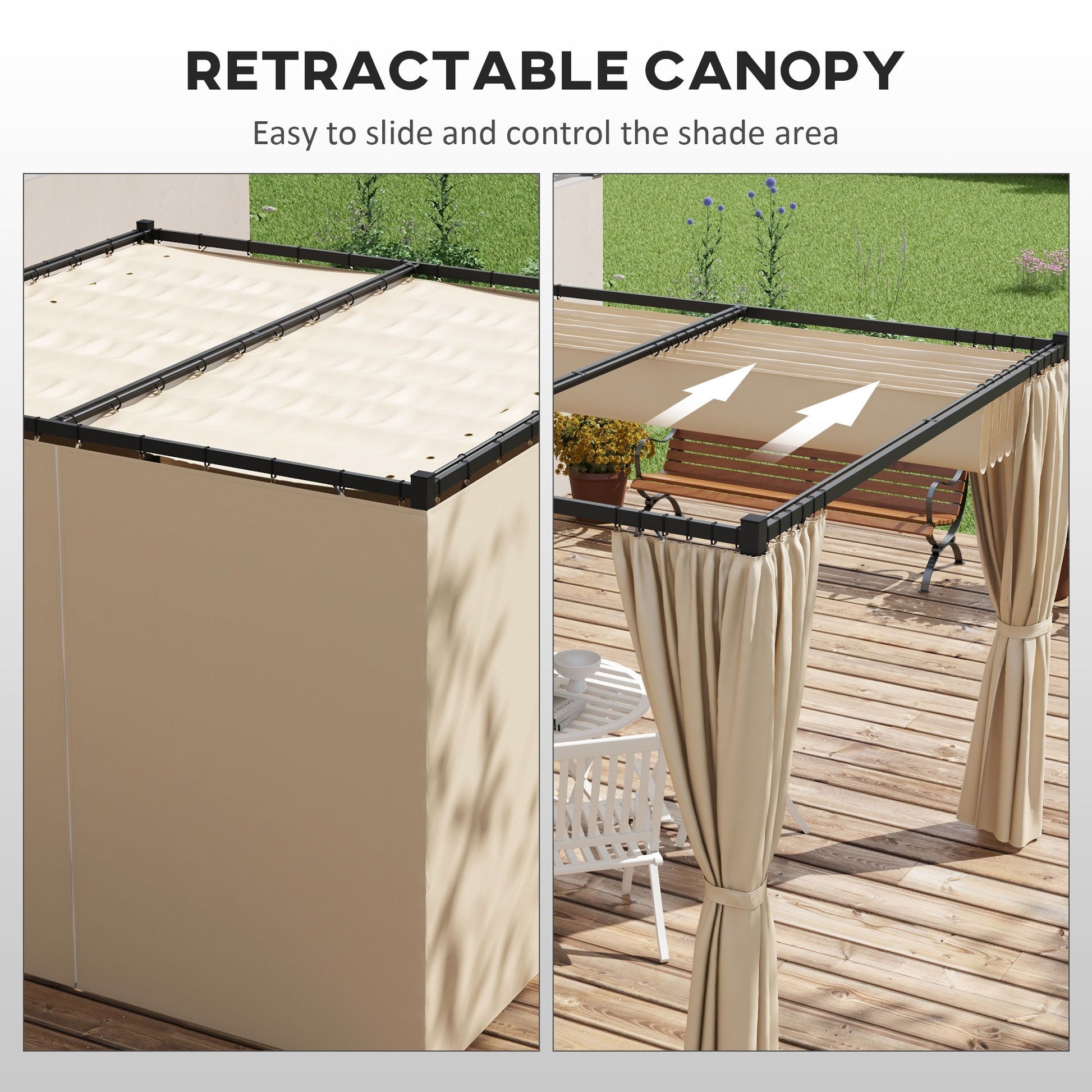10' x 10' Pergola with Retractable Pergola Canopy and Curtains, Metal Frame Garden Gazebo Outdoor Sun Shade Shelter for Grill, Patio, Deck, Beige