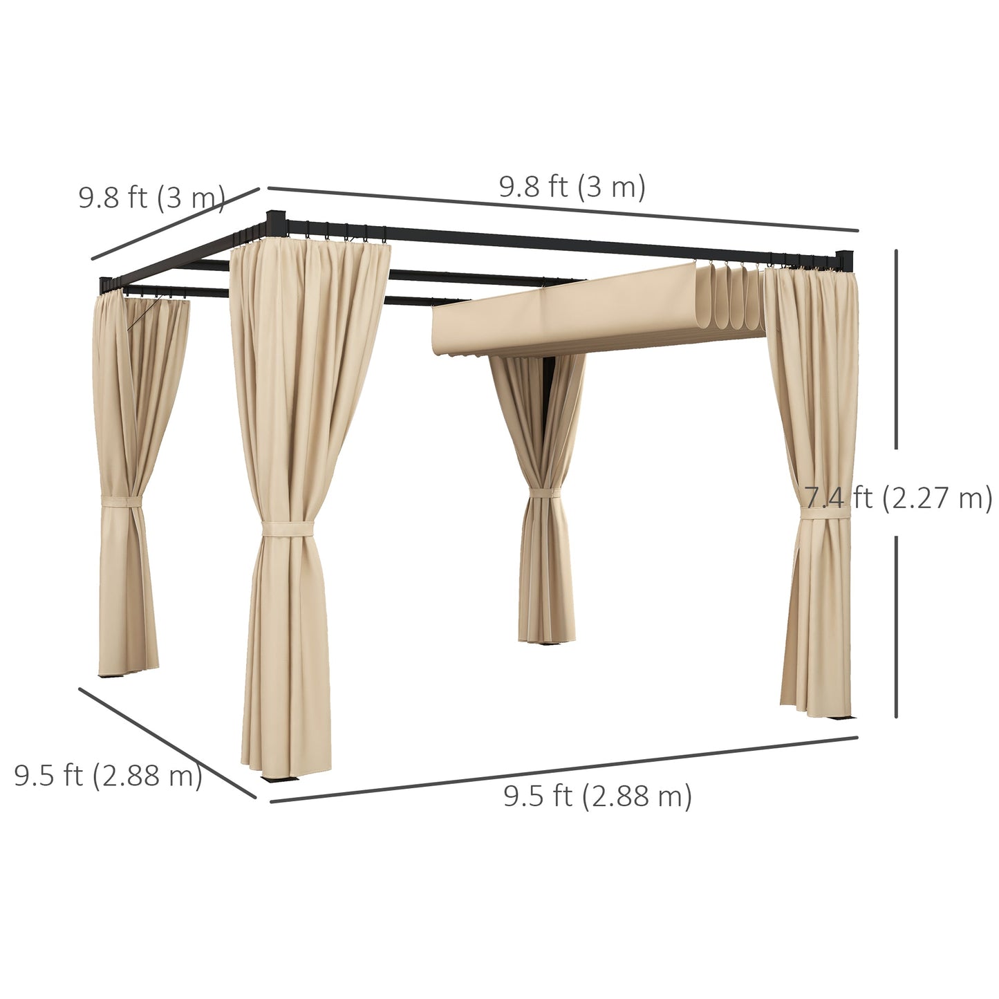10' x 10' Pergola with Retractable Pergola Canopy and Curtains, Metal Frame Garden Gazebo Outdoor Sun Shade Shelter for Grill, Patio, Deck, Beige