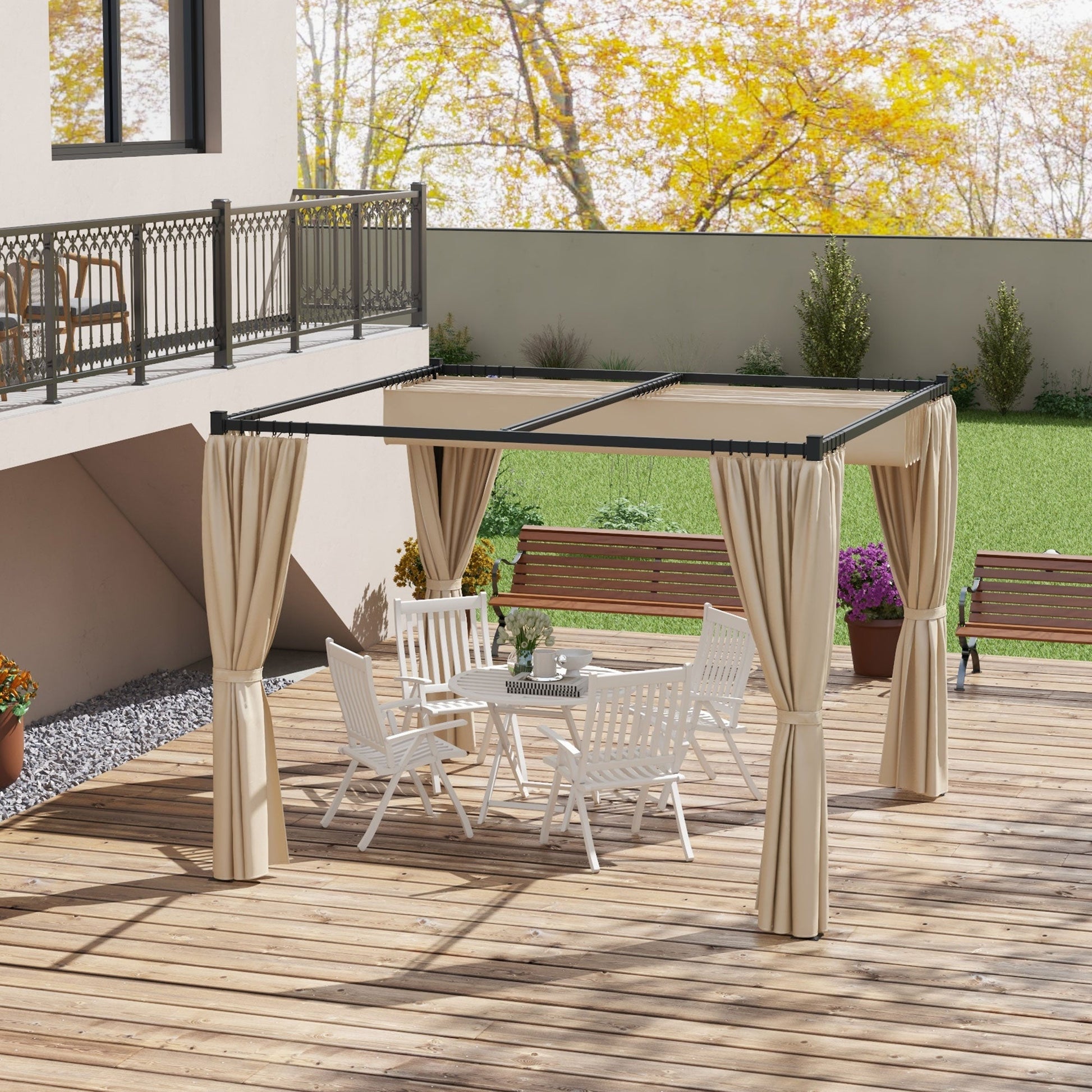 10' x 10' Pergola with Retractable Pergola Canopy and Curtains, Metal Frame Garden Gazebo Outdoor Sun Shade Shelter for Grill, Patio, Deck, Beige