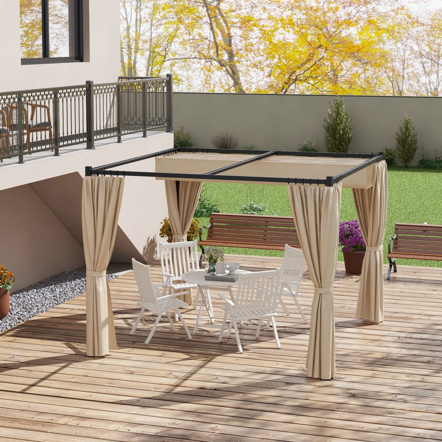 10' x 10' Pergola with Retractable Pergola Canopy and Curtains, Metal Frame Garden Gazebo Outdoor Sun Shade Shelter for Grill, Patio, Deck, Beige